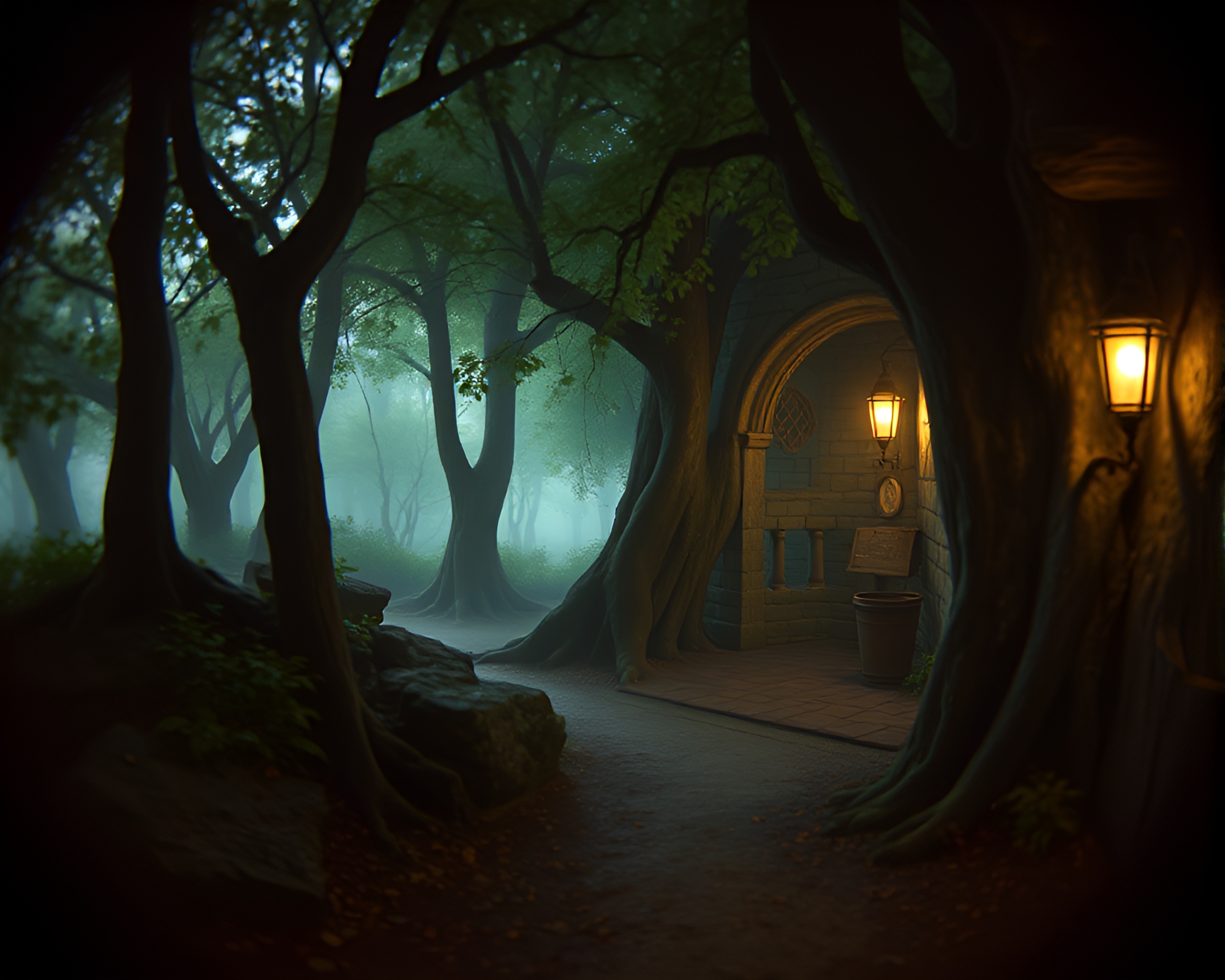 Ancient Grove Encased in Gloom: Split-Focus Diopter Scene – free AI stock image