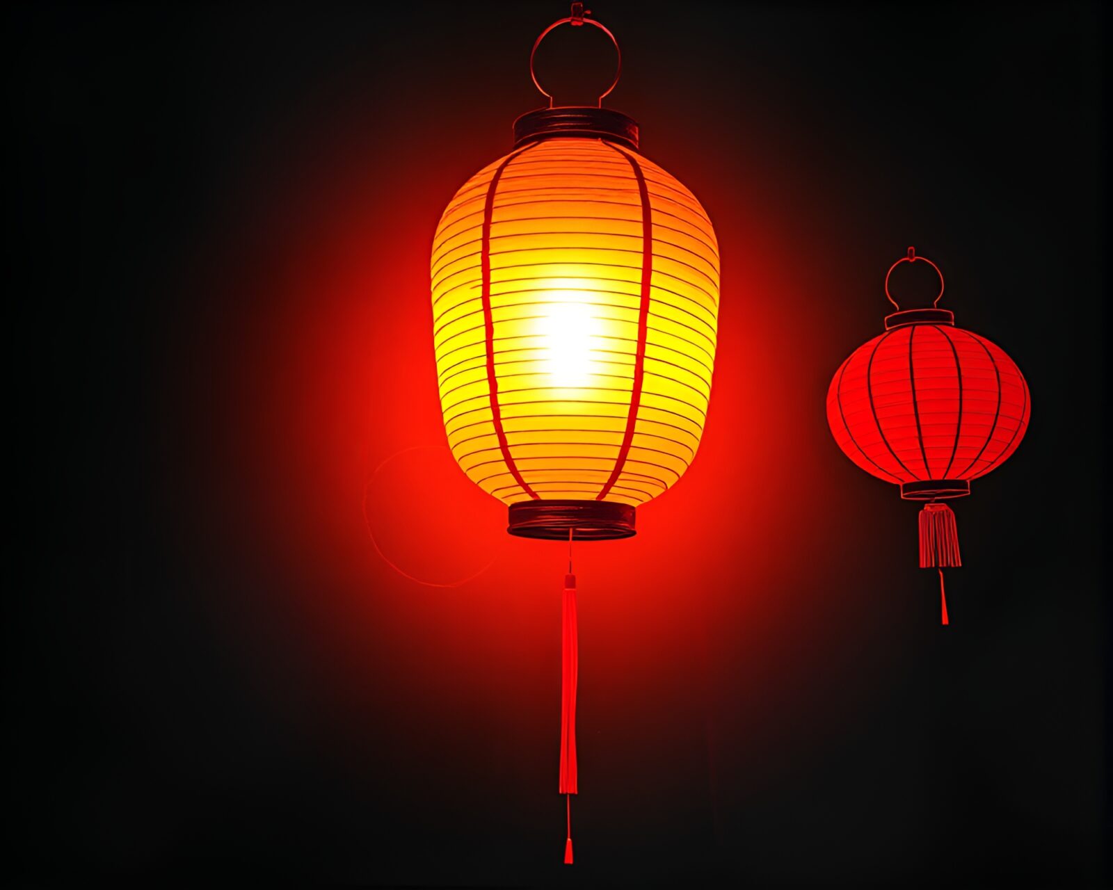 Vibrant paper lanterns glowing with infrared warmth against chalkboard backdrop.