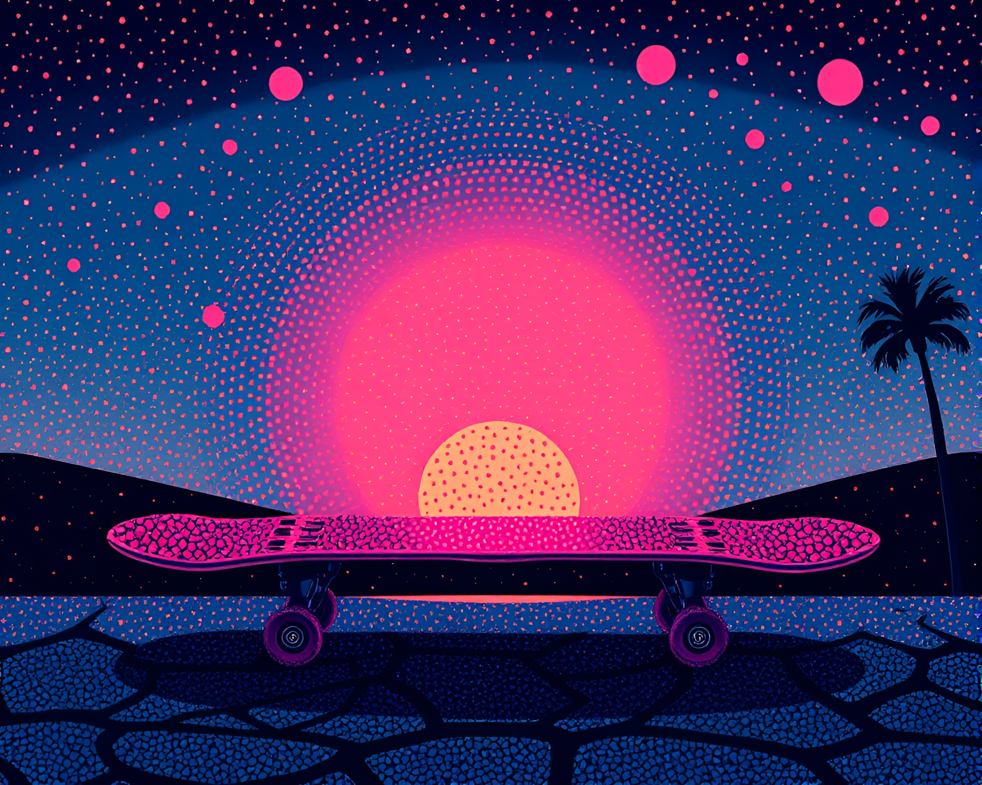 Sunrise Skateboard Dream in Surrealist Pointillism – free AI stock image