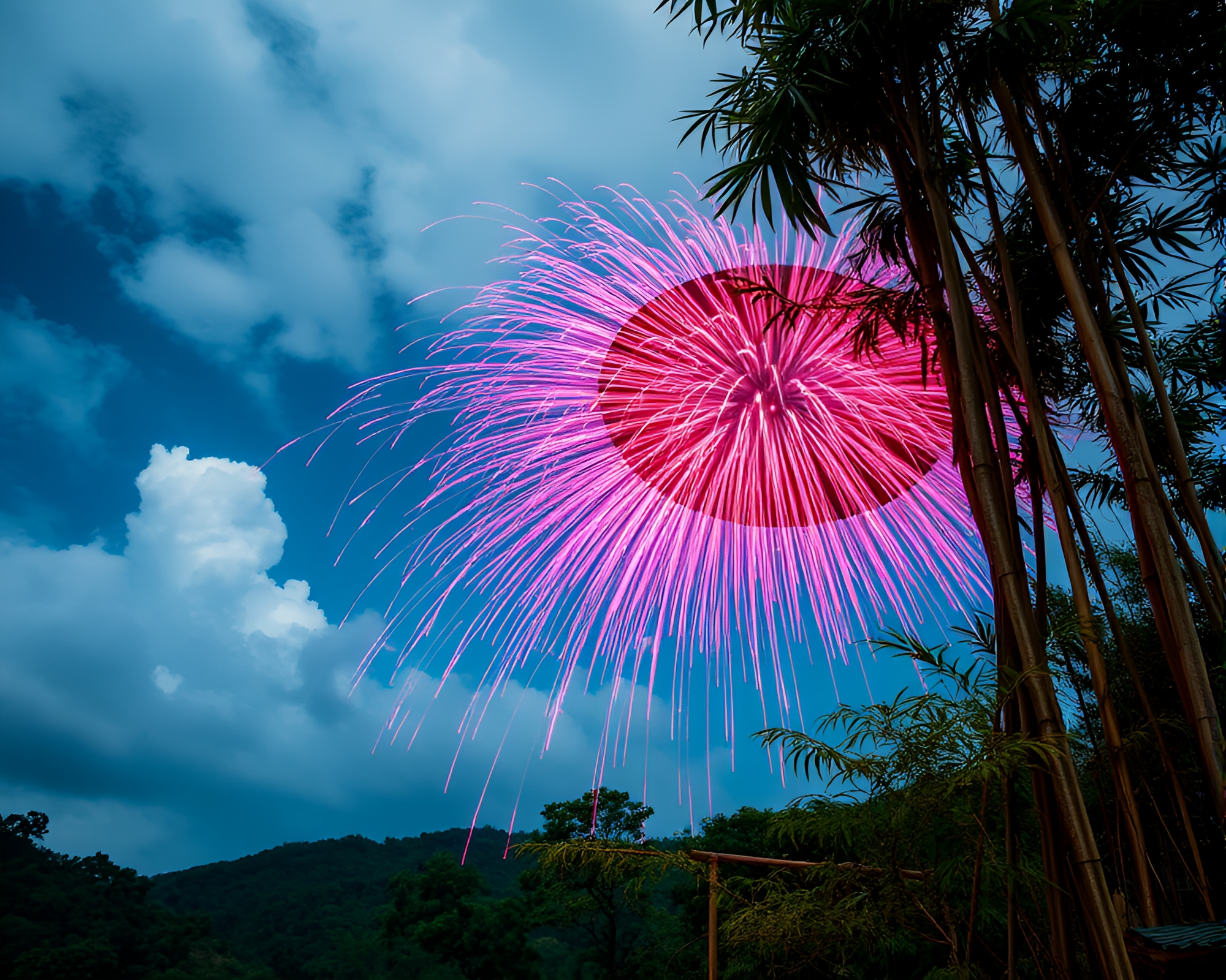 Bamboo Hut engulfed in Magenta Explosion Cloud – free AI stock image