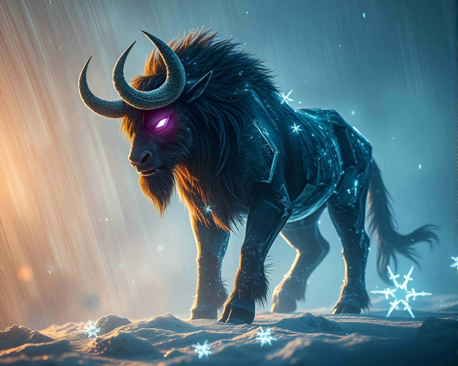 Majestic mythological creature surrounded by shimmering ice formations
