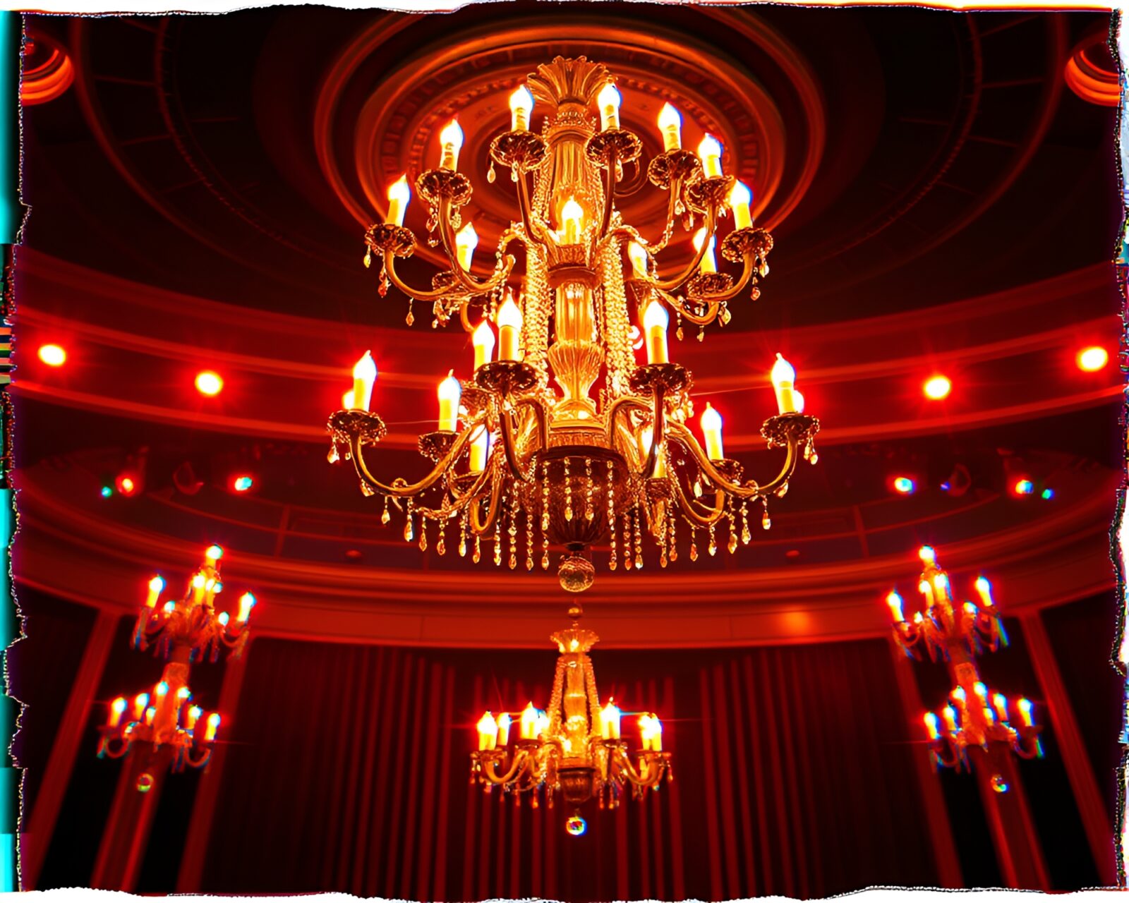 Anaglyph 3D image with chandelier and torn edges