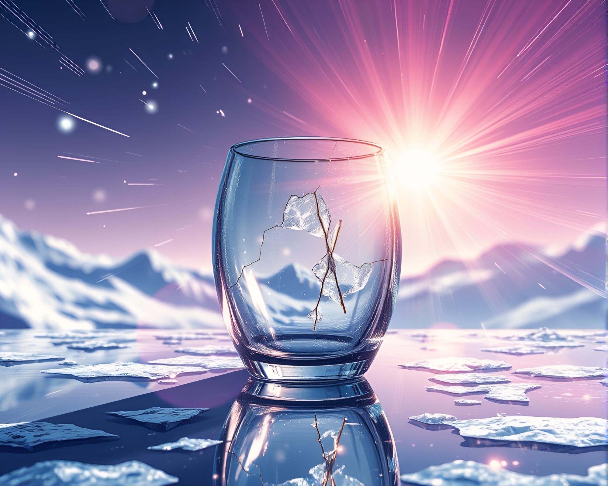 Mesmerizing Vase Reflected in Cracked Ice with Lens Flare – free AI stock image