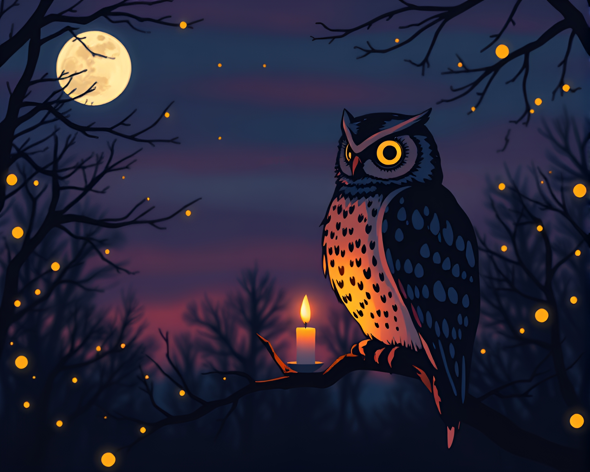 Clockwork Owl in Candlelit Dusk Twilight Screenprint – free AI stock image