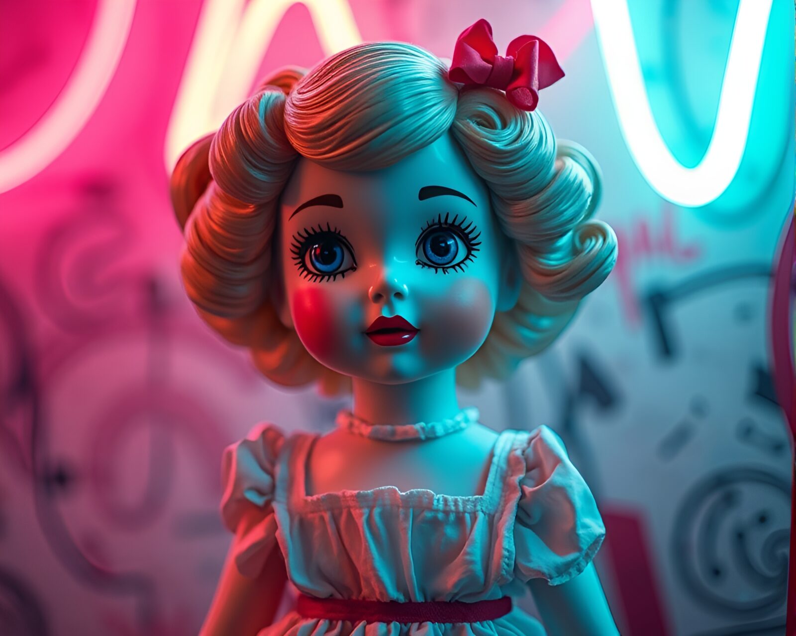 Vibrant neon lights illuminating a porcelain doll surrounded by graffiti