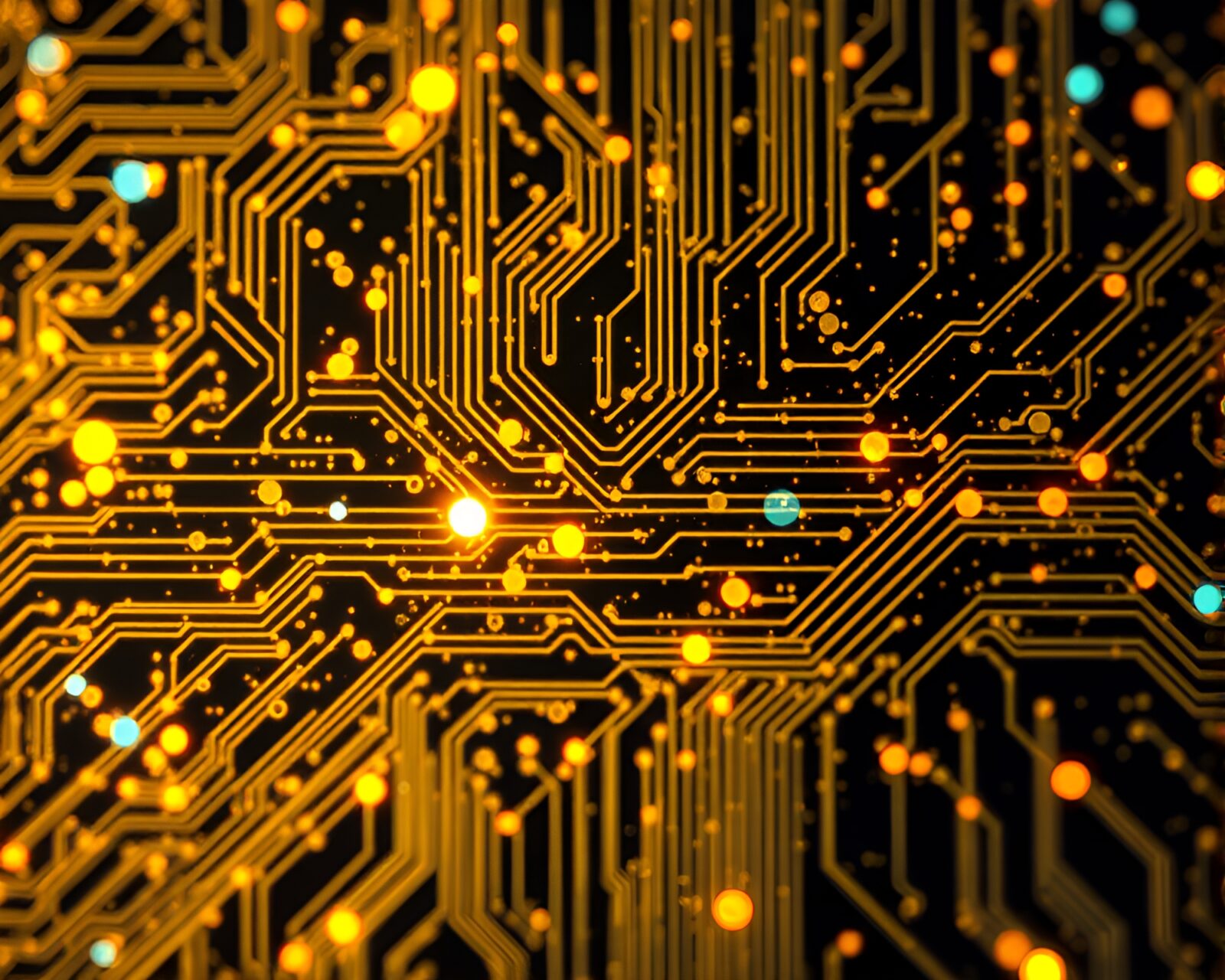 Futuristic HUD overlay on glowing circuit board with hologram specks