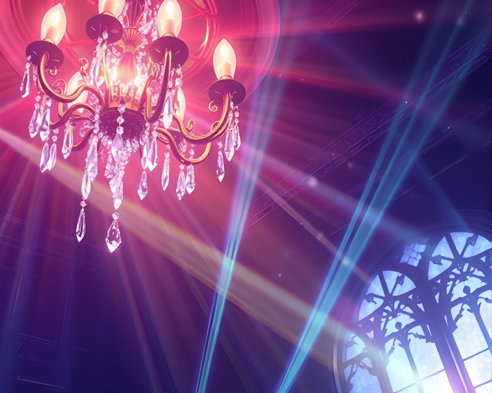 Shining crystal chandelier emitting colorful laser beams in anime style