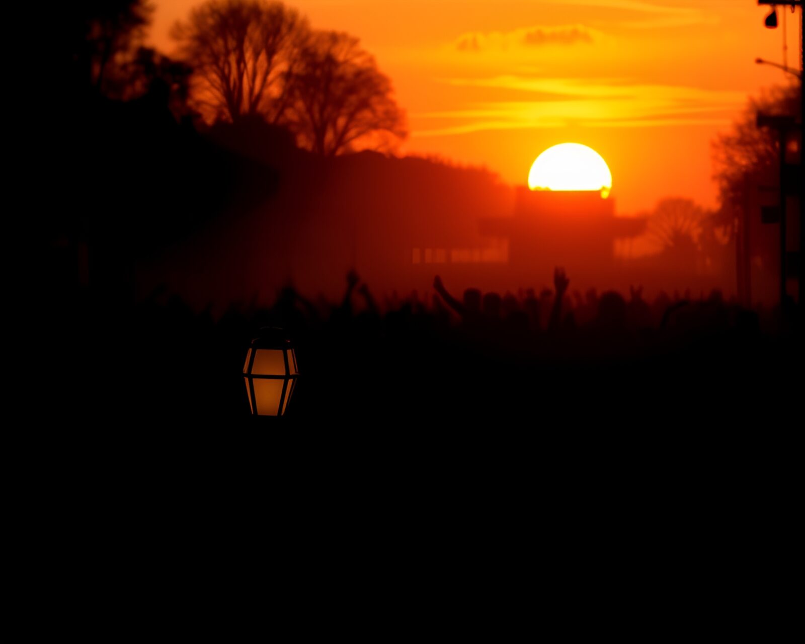 A 3D scan illustration of a bustling crowd against warm sunset hues and illuminated by lamps