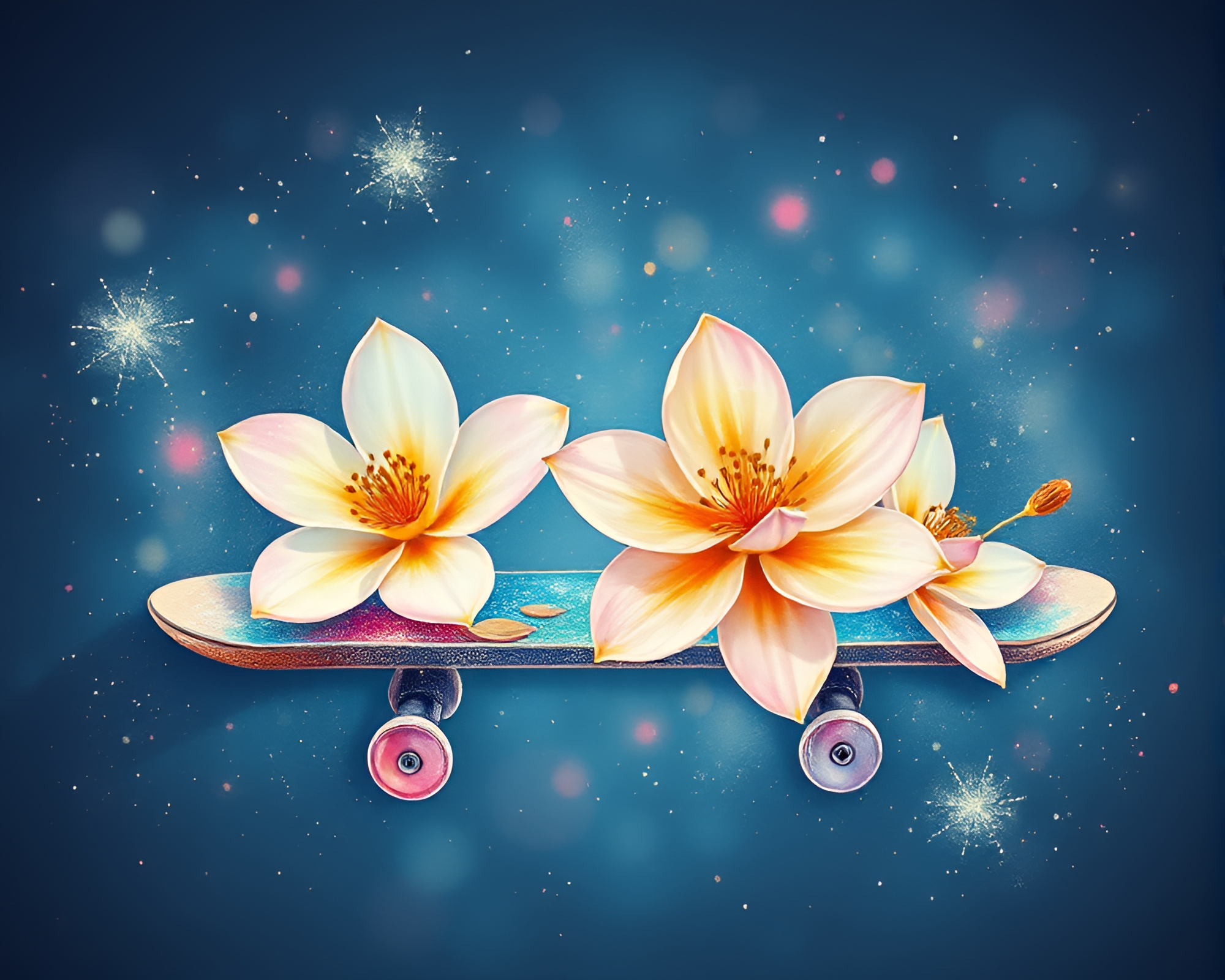 Glittering Hoverboard Watercolor Blooms – free AI stock image