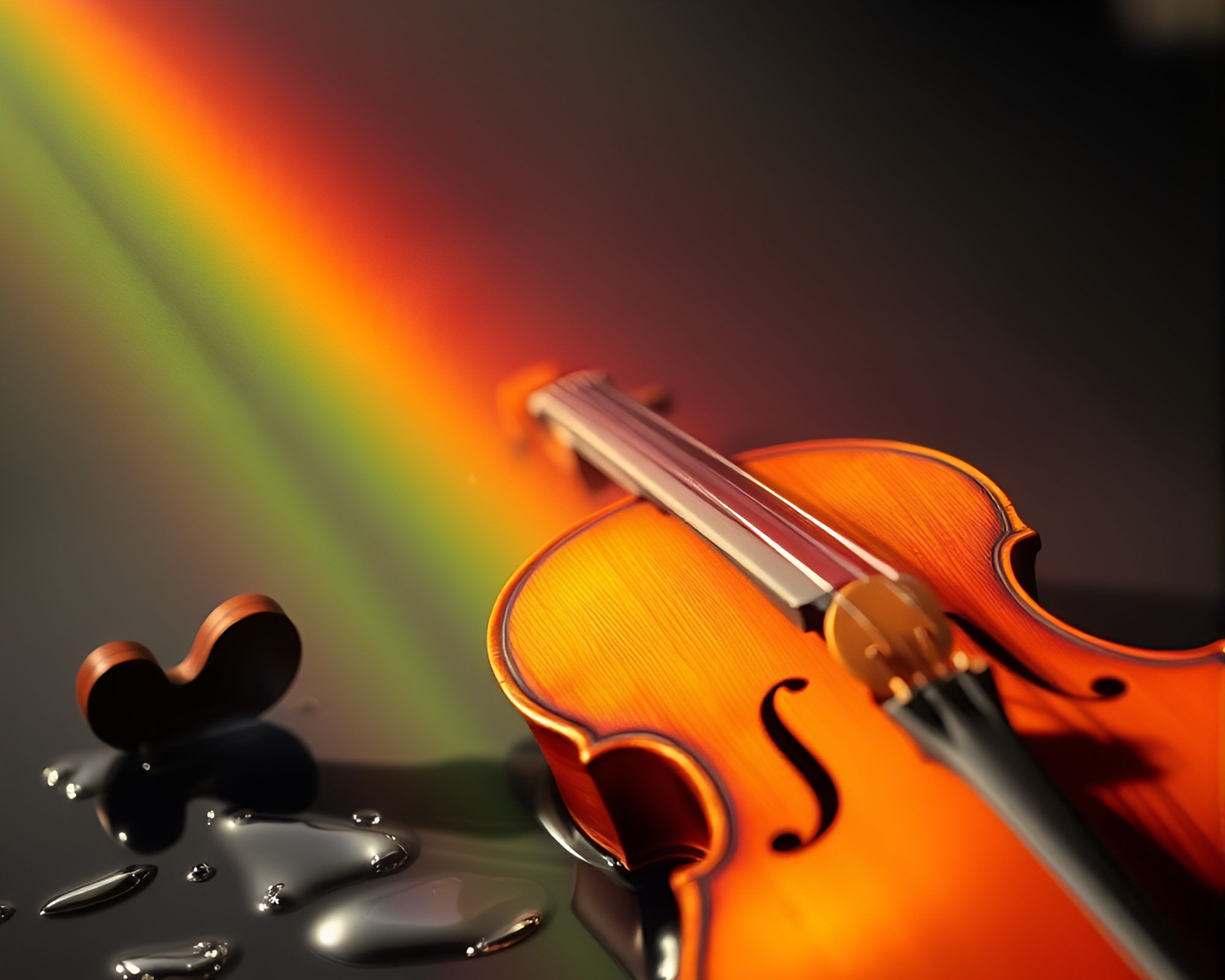 Wooden Violin with Oil Slick Rainbow and God Rays – free AI stock image