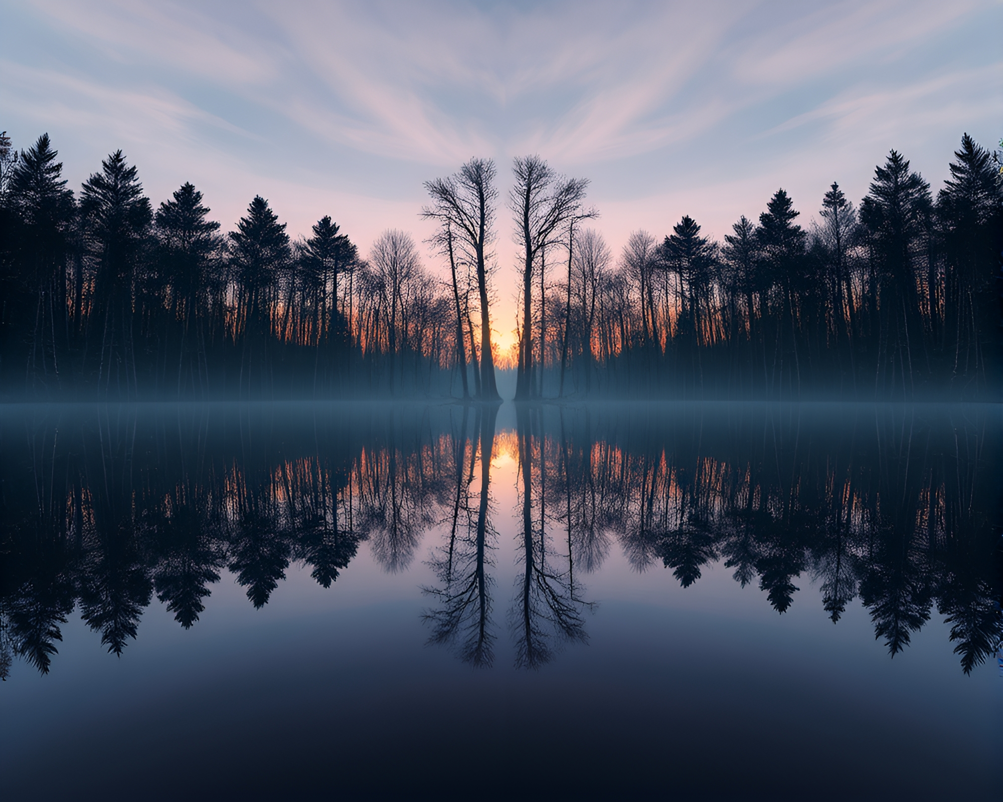 Enchanted Dusk: Mirror Symmetry Forest Contours – free AI stock image