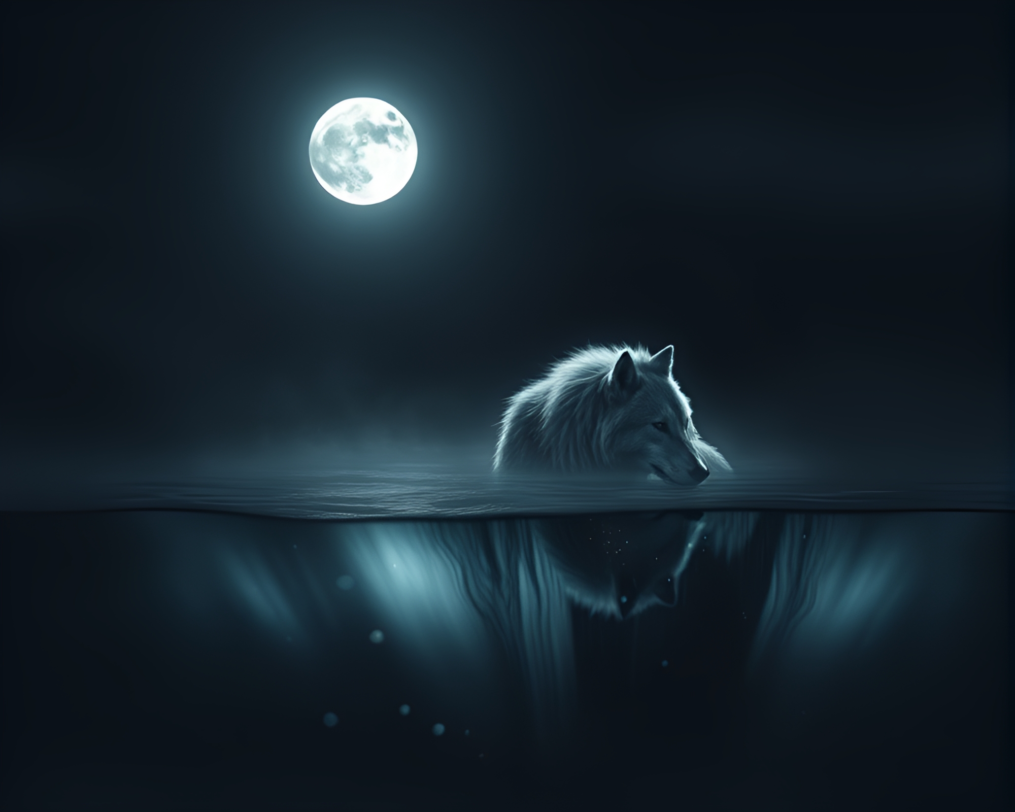 Moonlit Wolf Emerging from Distorted Water in Ivory Chiaroscuro – free AI stock image