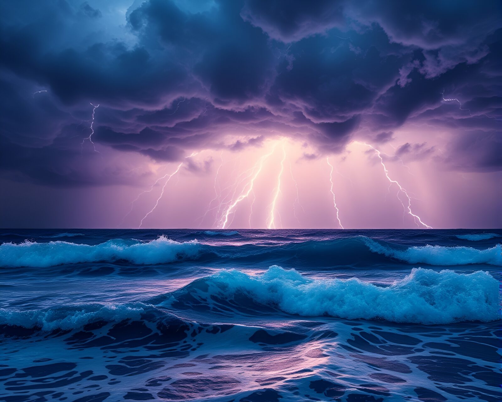 Tri-tone image of stormy ocean with vibrant carnival lights