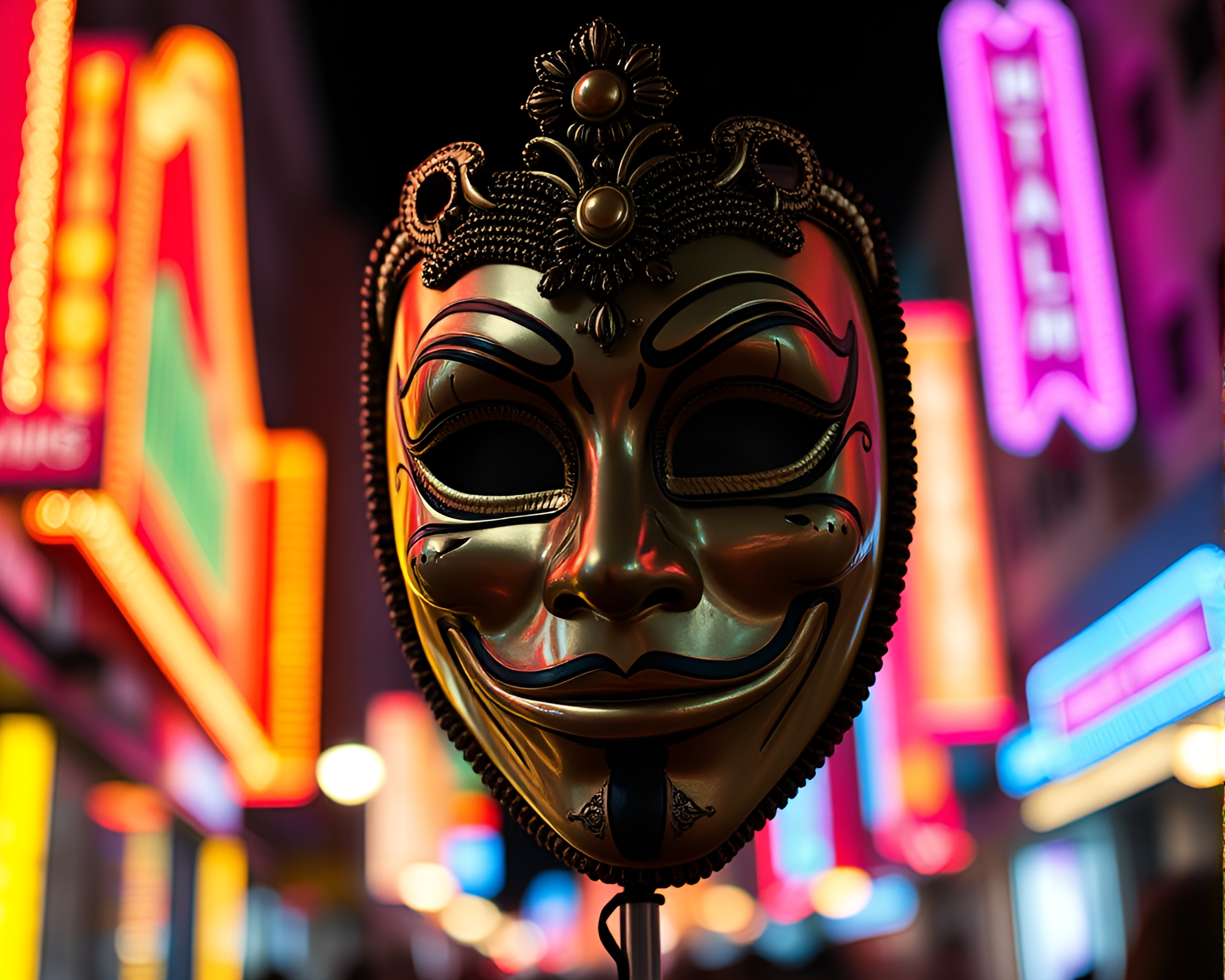 Enigmatic Venetian Mask in Neon City – free AI stock image