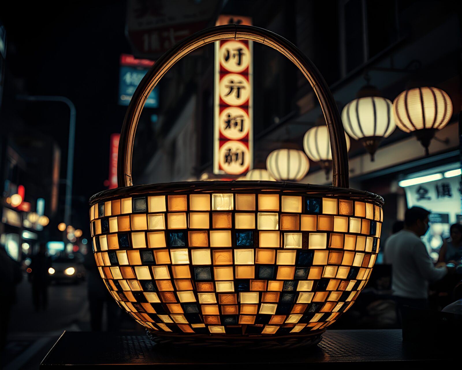 Tiled duotone mosaic depicting a dim sum basket under city lights