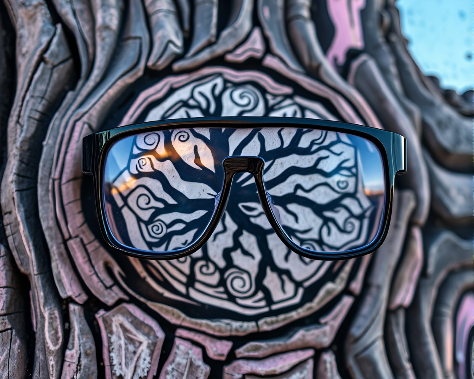 Augmented reality glasses displaying pastel graffiti on tree ring background