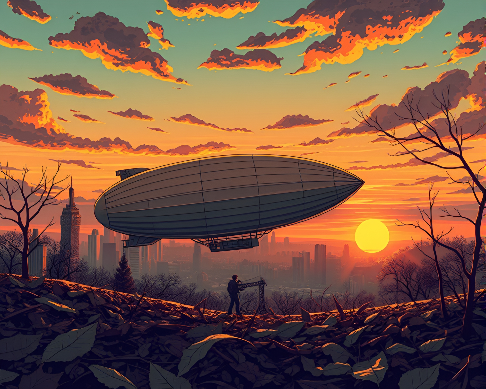 Steampunk Zeppelin Silhouetted Against Sunset Skyline – free AI stock image