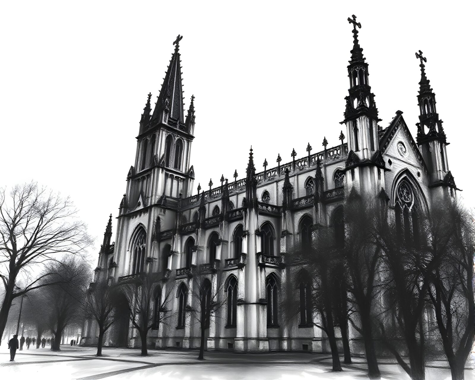 Spectacular wide-angle view of a Gothic cathedral at sunset