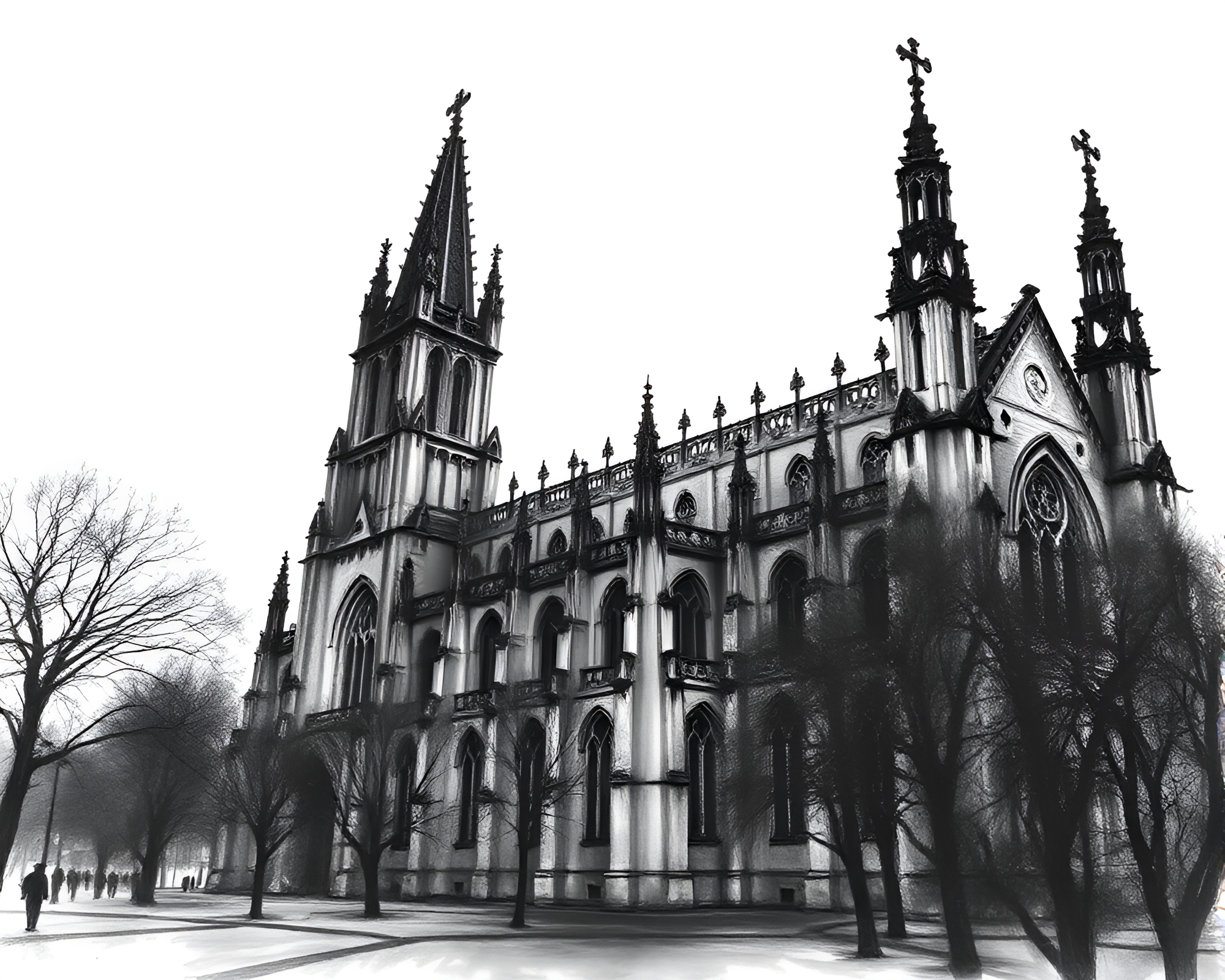 Gothic Cathedral Charcoal Sketch Backlit Silhouette – free AI stock image