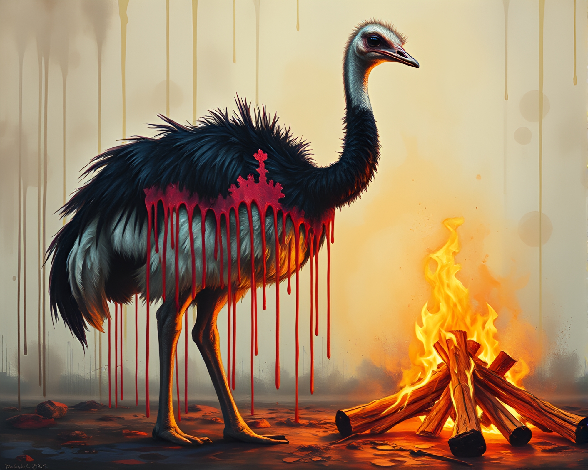 Ostrich Graffiti Trompe-l’oeil Bonfire Scene – free AI stock image