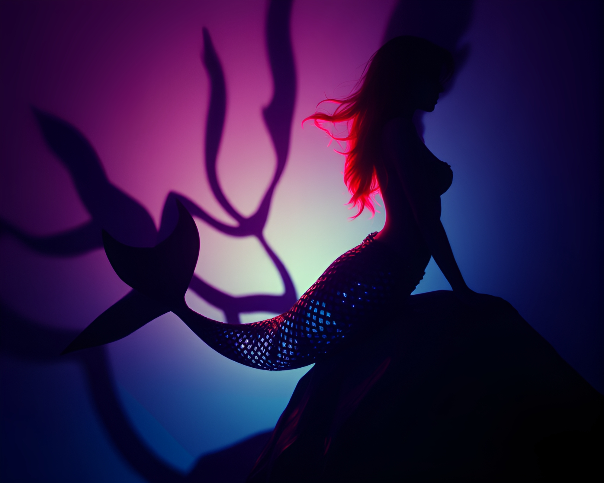 Enchanting Mermaid Shadow Play under Neon Blue Hour Lights – free AI stock image