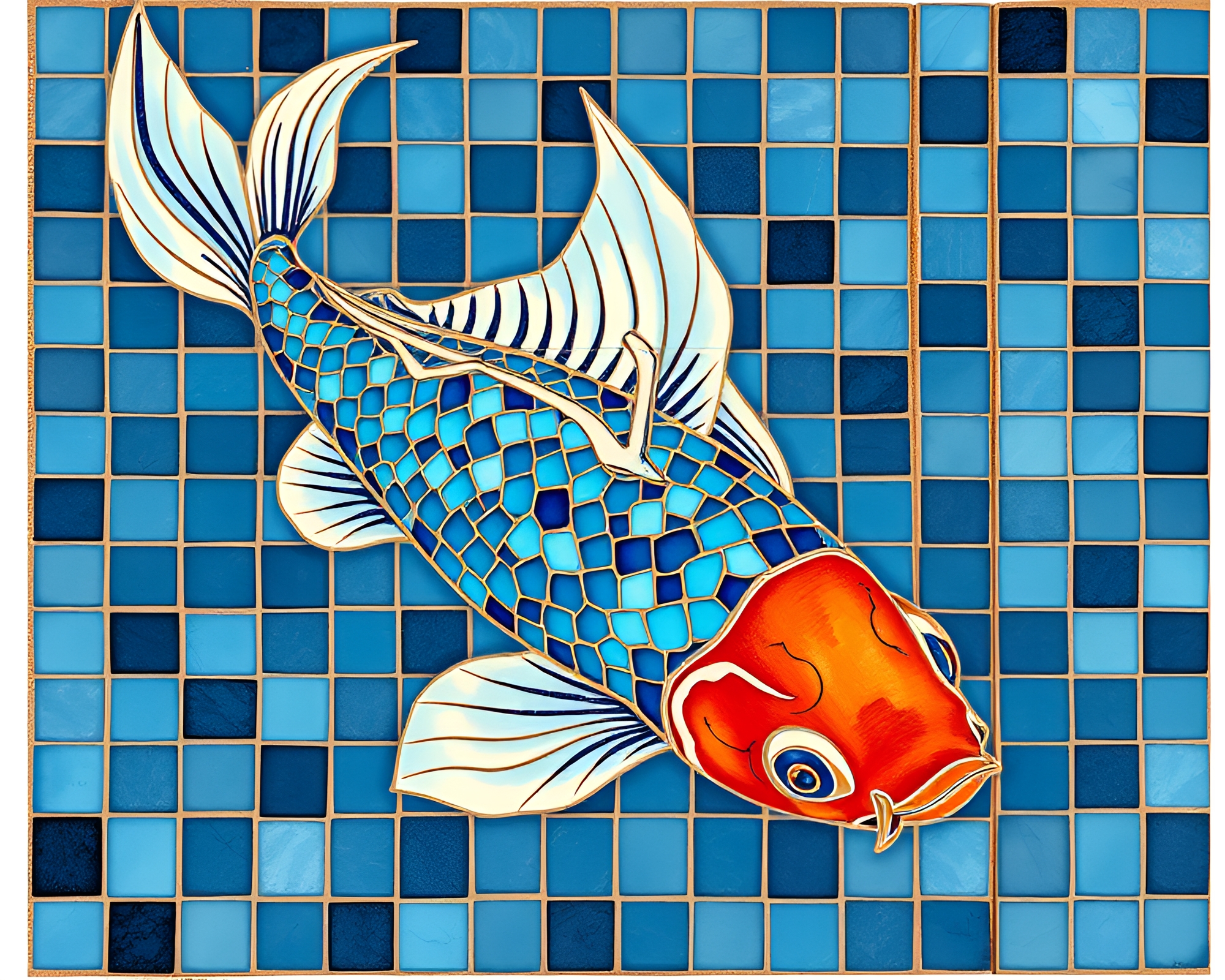 Arctic Blue Koi Fish Origami Mosaic Tiling Art – free AI stock image