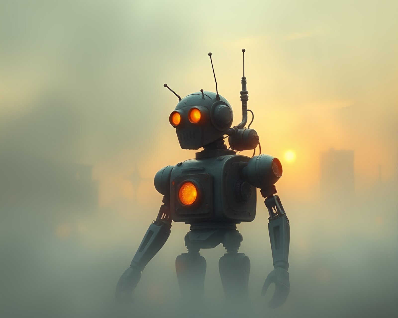 Enigmatic steampunk automaton surrounded by swirling fog at sunrise