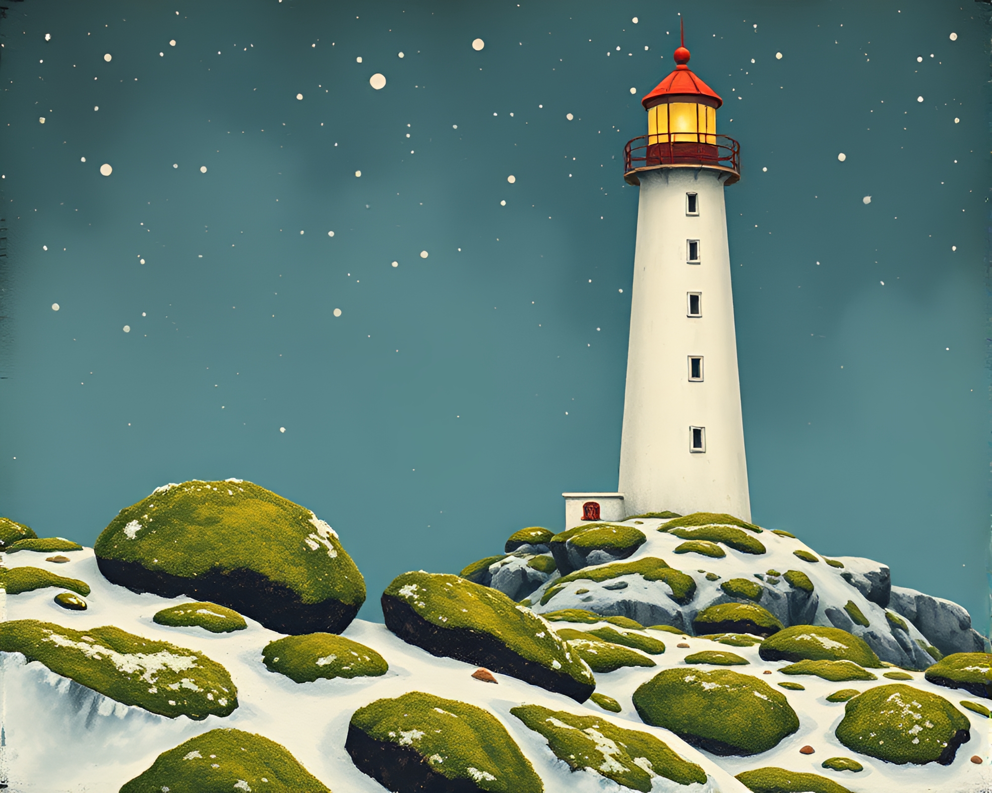 Enigmatic Moss-Covered Lighthouse in Snowy Light – free AI stock image