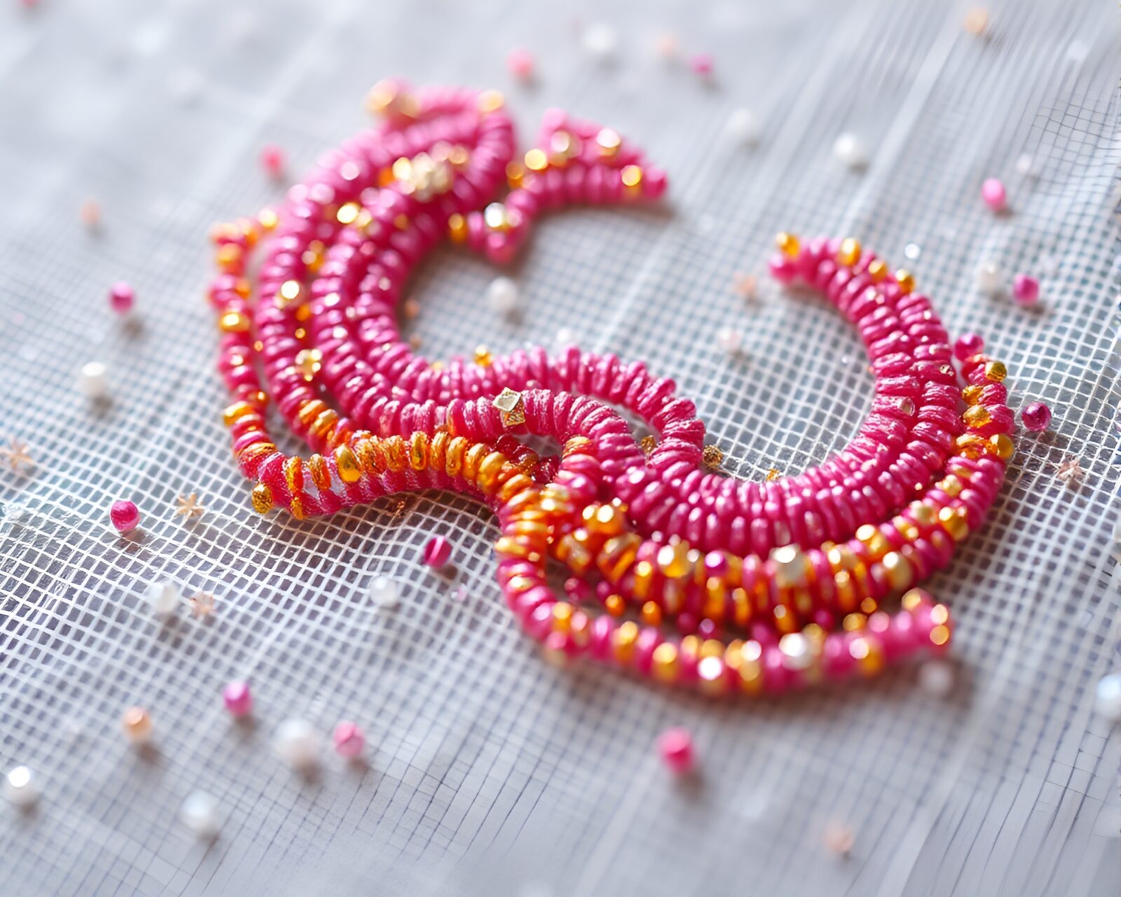 An intricate embroidered design surrounding a futuristic bio-printer emitting sparkling glitter
