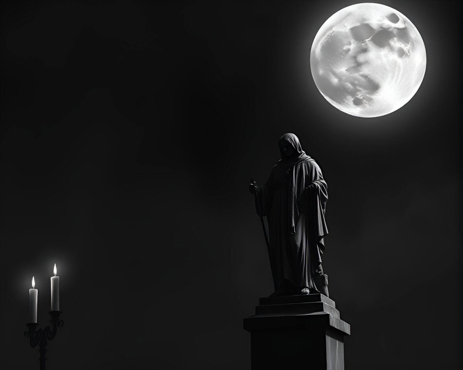 Gloomy statue in candlelit room with chalkboard markings
