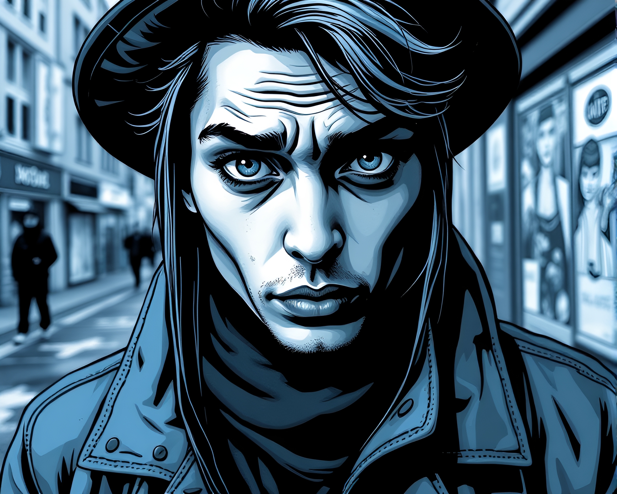 Gritty Street Art Smart Contact Lens in Monochrome Blue – free AI stock image