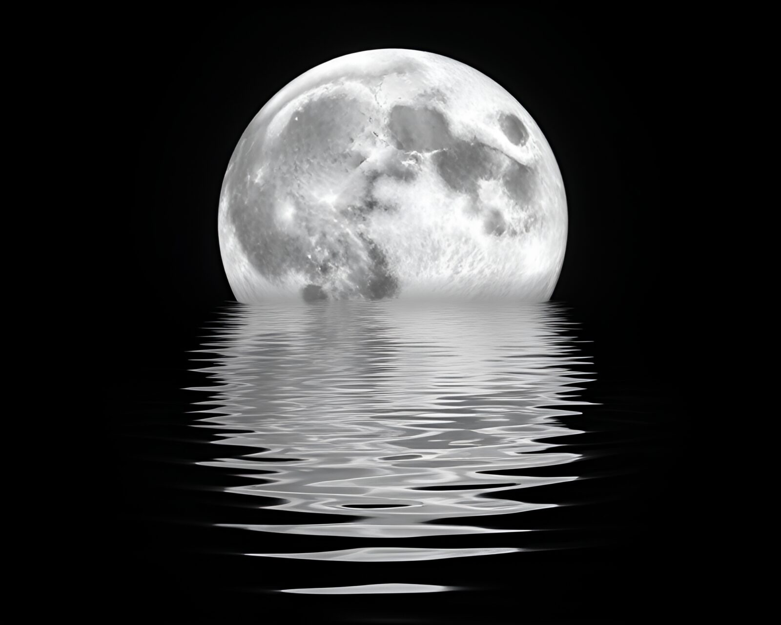 Majestic lion reflected in holographic ripples under moonlight