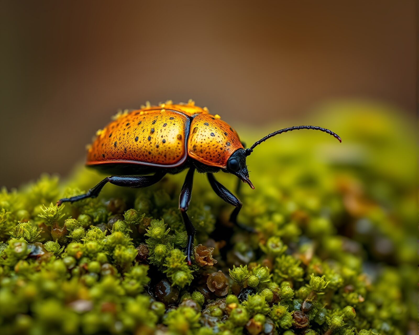 Vibrant peachy glow illuminating moss-covered beetle in HDR style