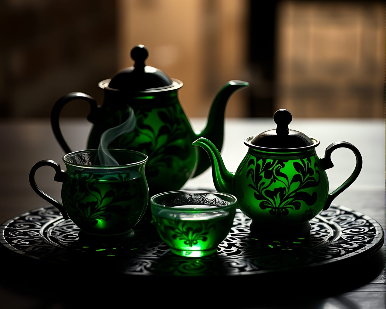 A serene silhouette tea set with vibrant emerald accents