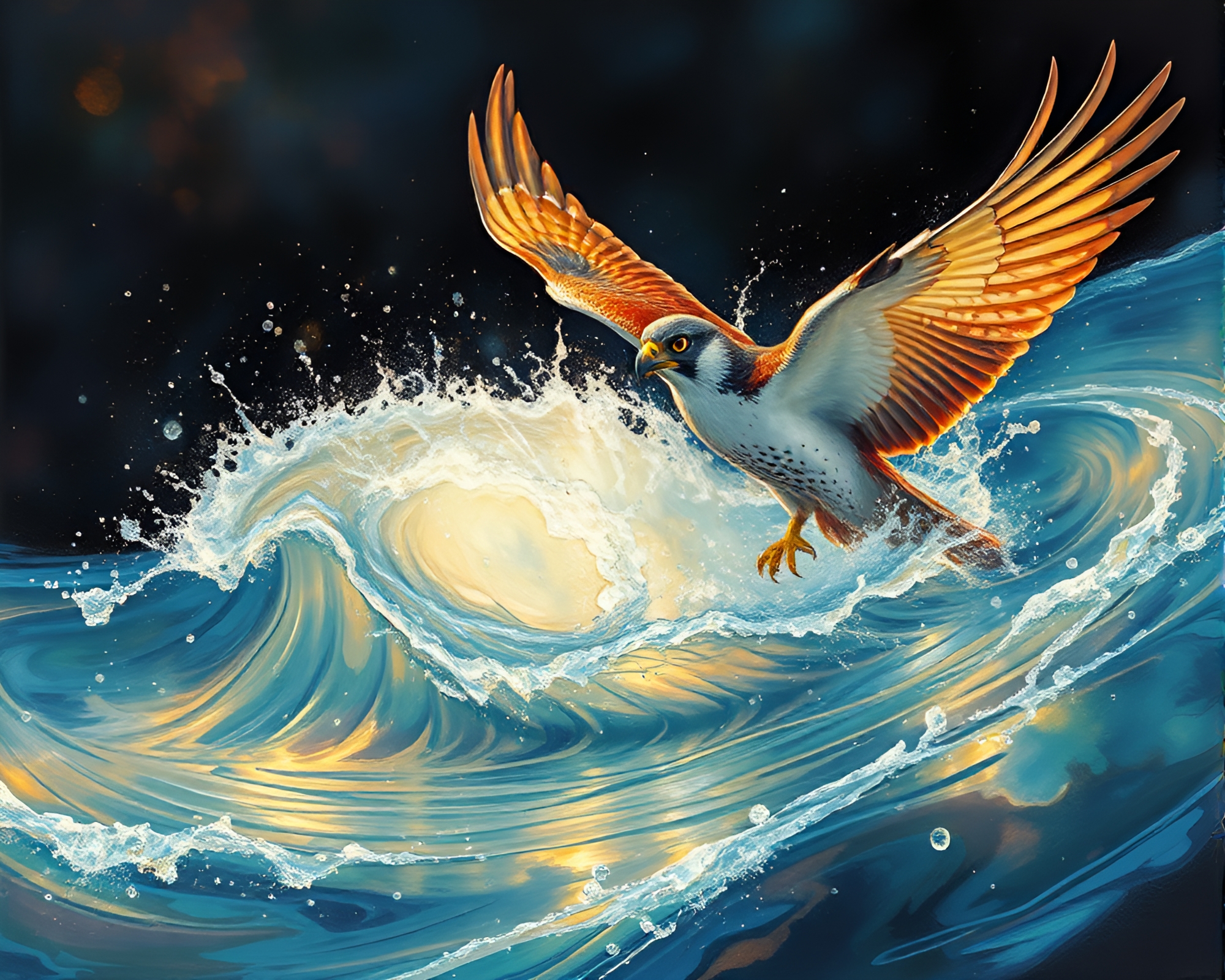 Majestic Falcon Soaring Over Topaz Water Whirlpool – free AI stock image