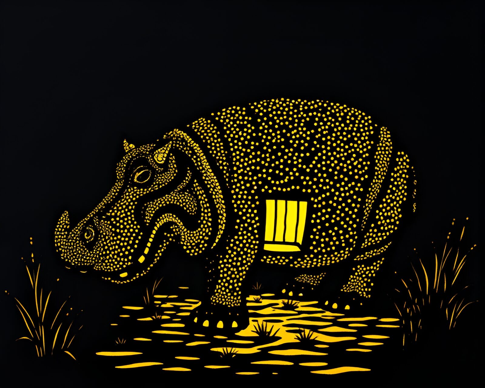Detailed sgraffito artwork of a stippled hippopotamus under lantern glow