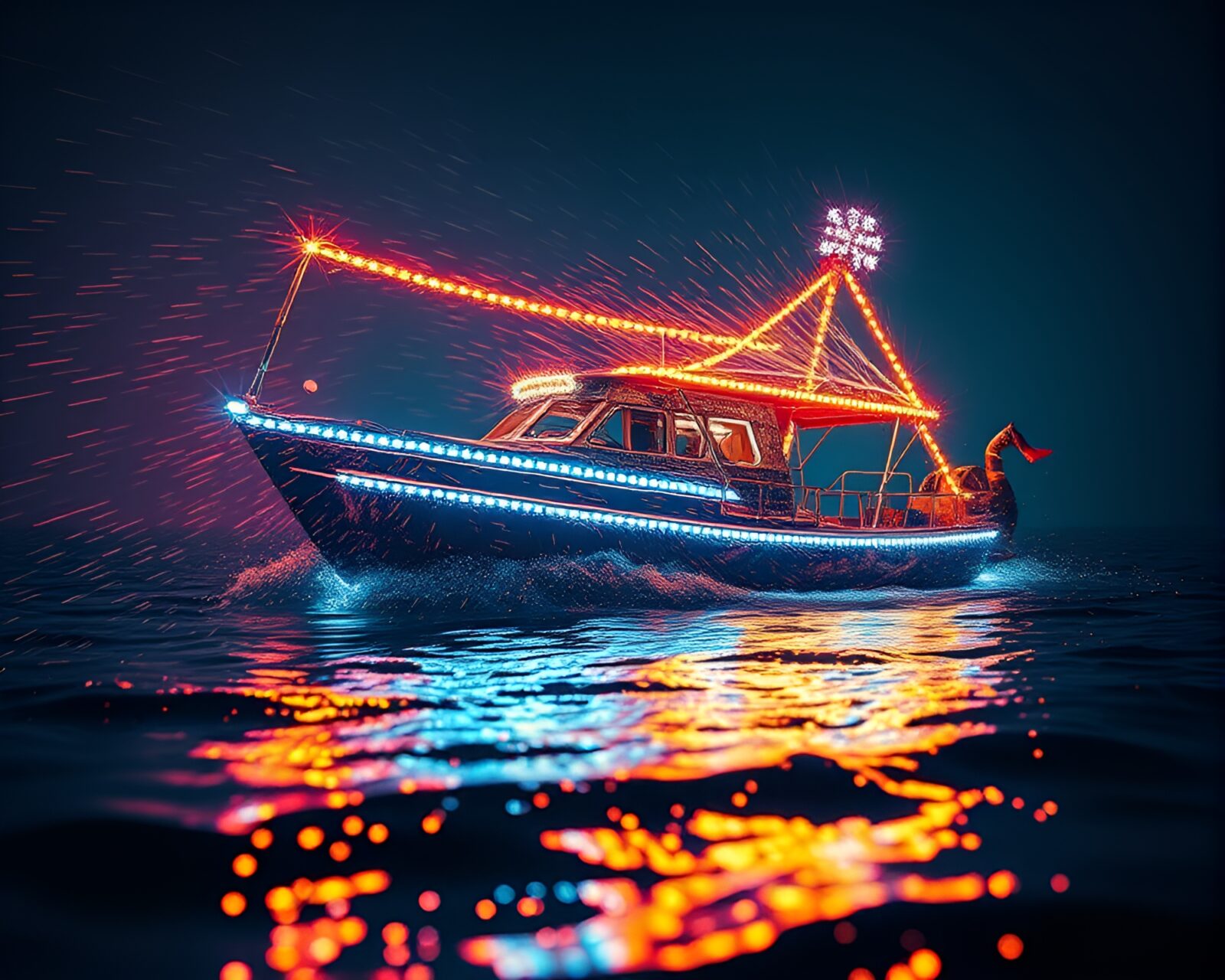 Electric carnival atmosphere surrounds colorful hydrofoil boat with metallic scratches, fractal art background