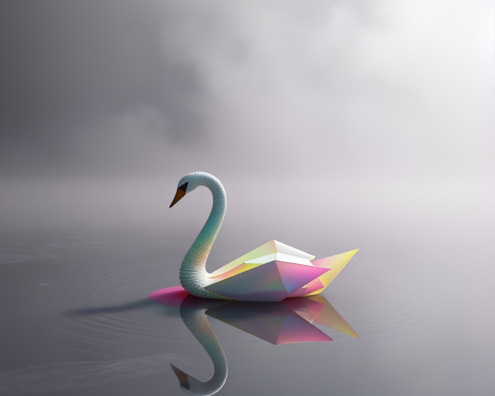 Oil Slick Rainbow Origami Swan in Foggy Infrared – free AI stock image