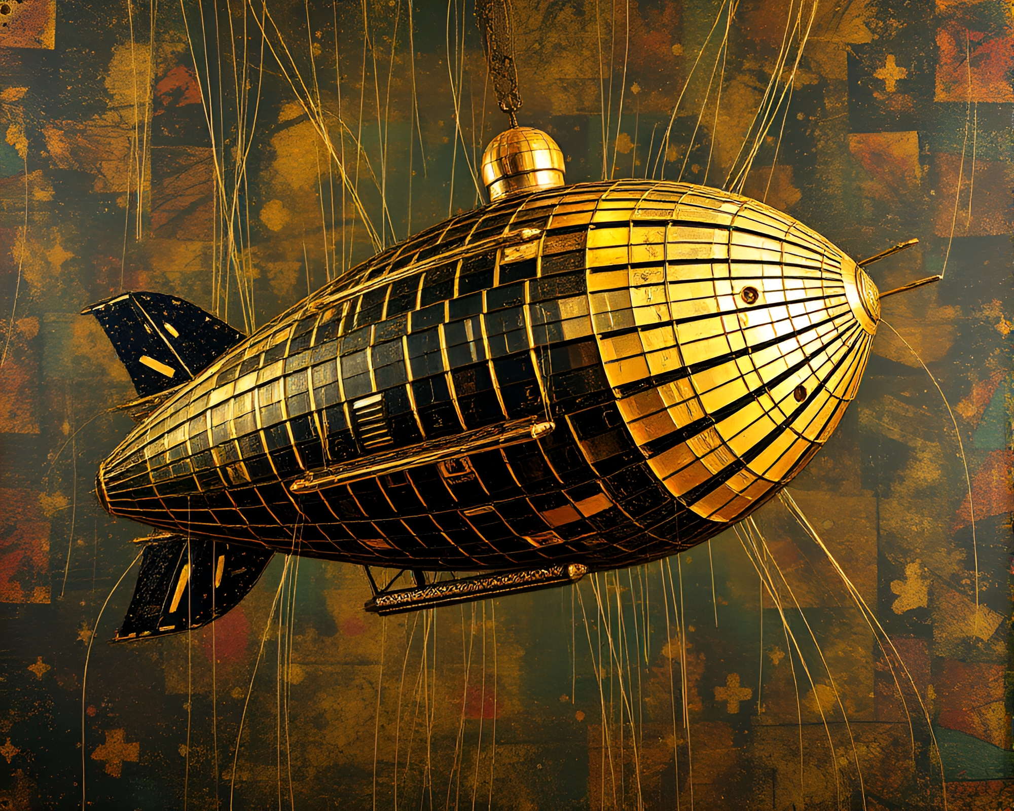 Steampunk Airship Disco Ball Collage with Metallic Scratches – free AI stock image