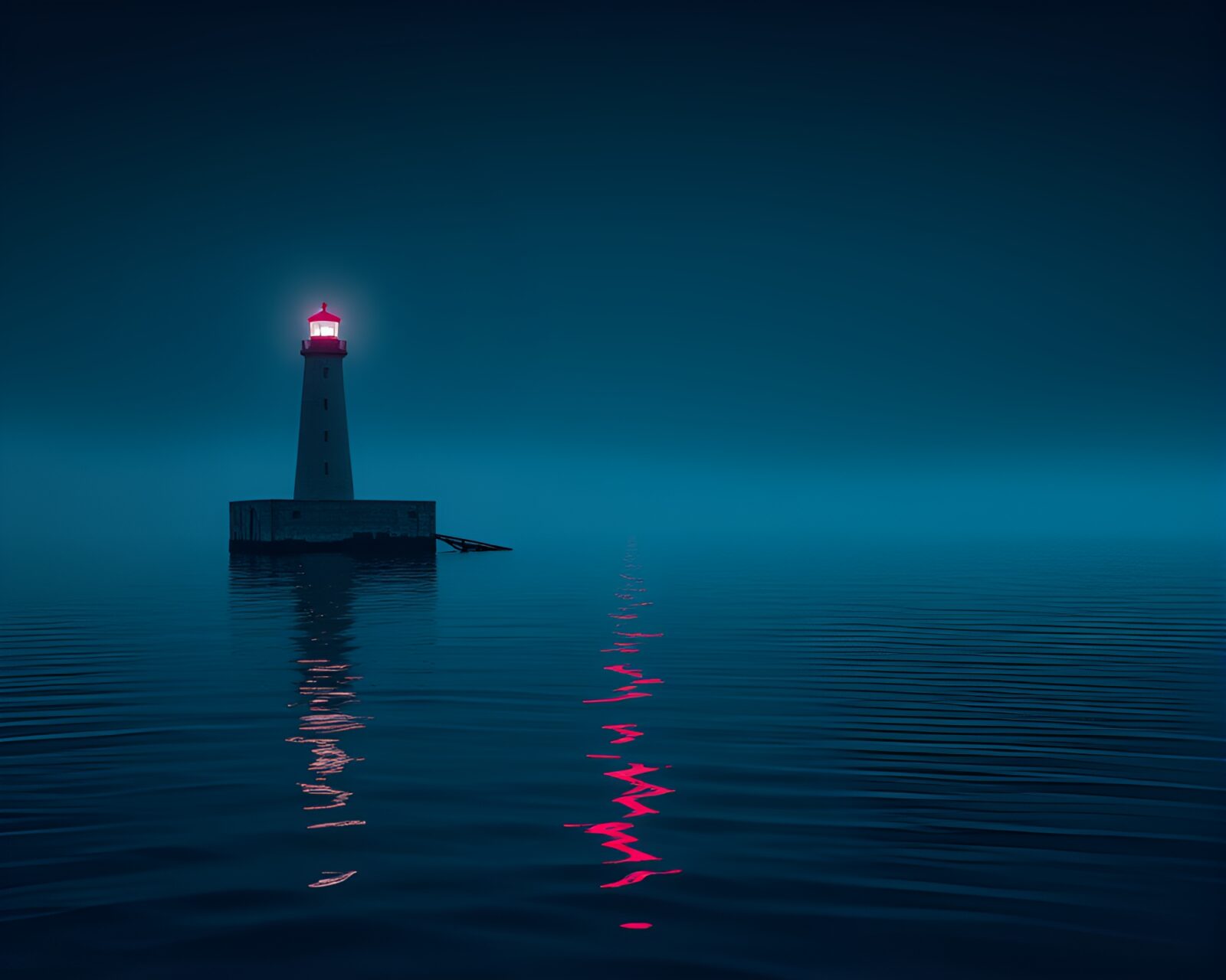 Nighttime scene of an eerie abandoned lighthouse reflecting neon ripples
