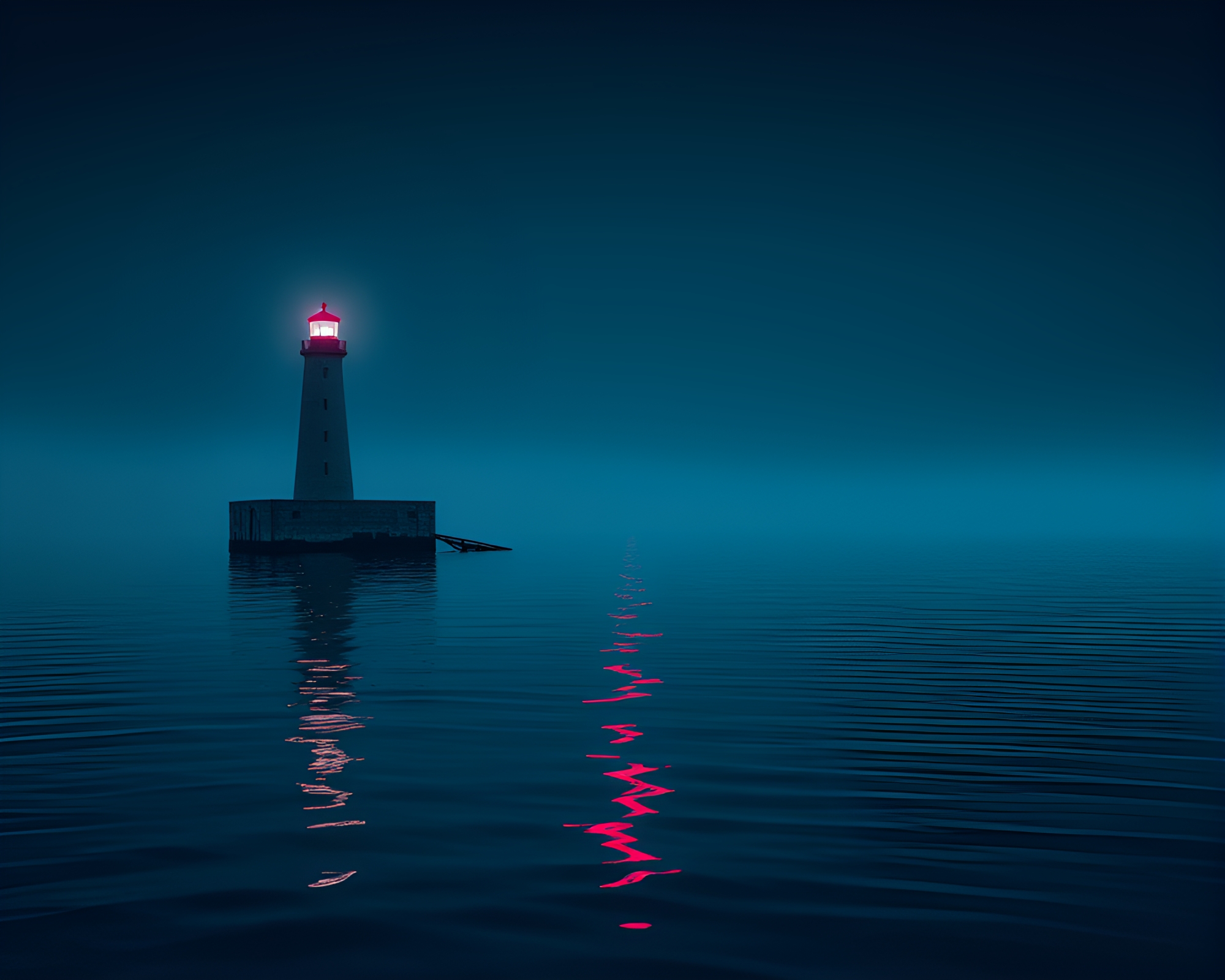 Neon Abandoned Lighthouse Reflecting Water Ripples – free AI stock image