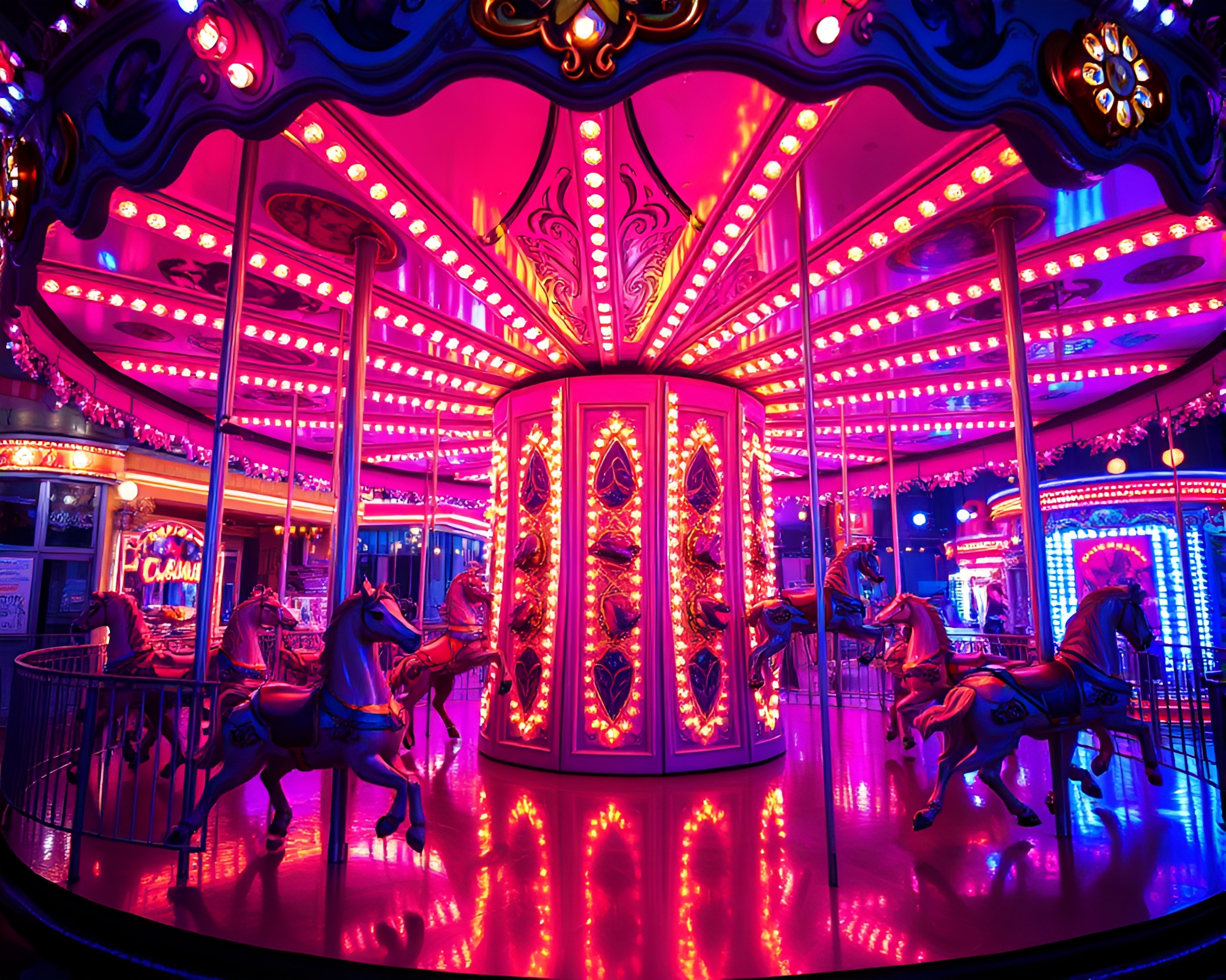 Ultraviolet Carnival Carousel Reflections – free AI stock image