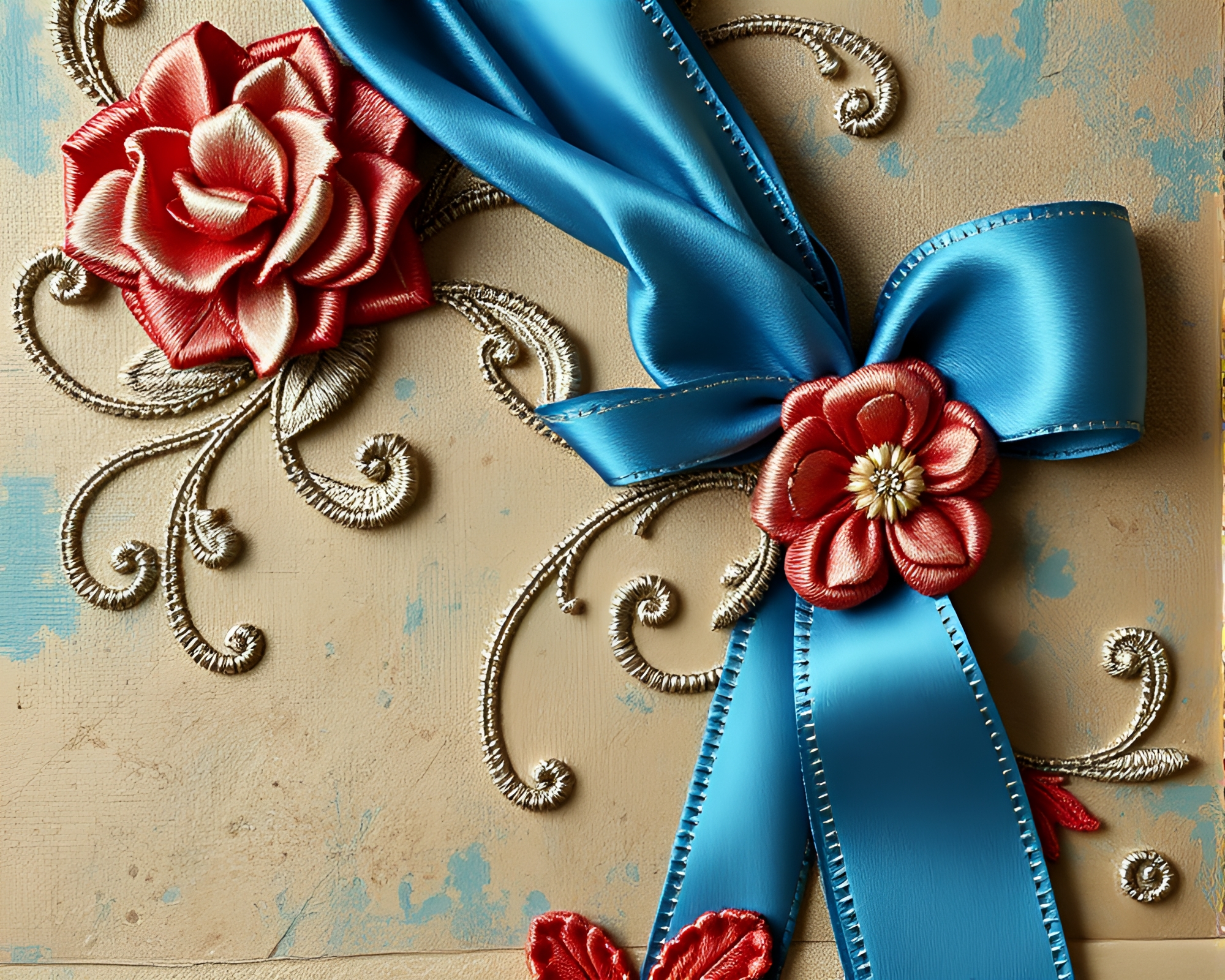 Satin Ribbon Embroidered Mural in Steel-Blue Finish – free AI stock image