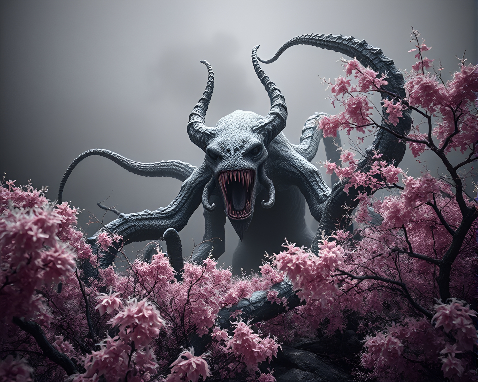 Infrared Kraken emerges in desolate crosshatched seascape – free AI stock image