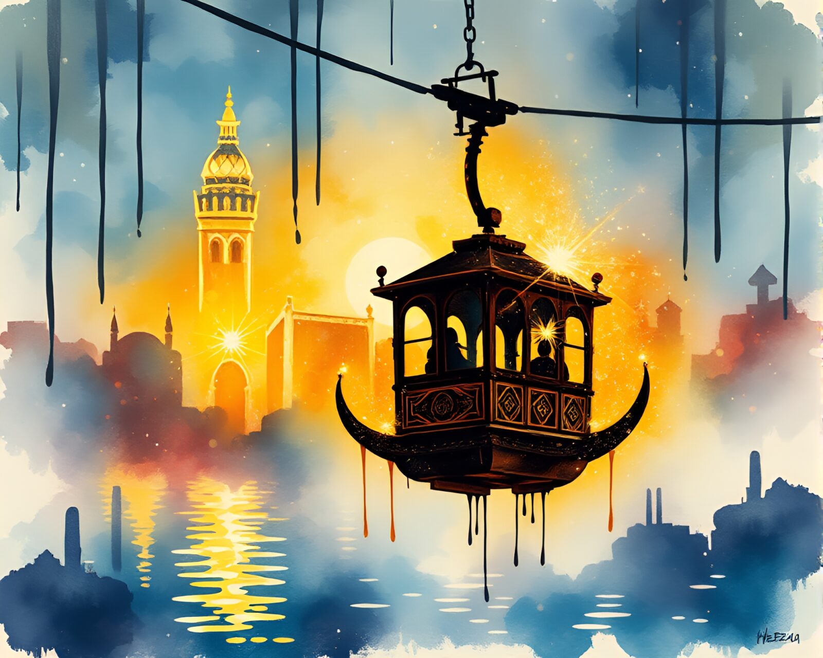 Sunset gondola lift with whimsical ink details and sparkles