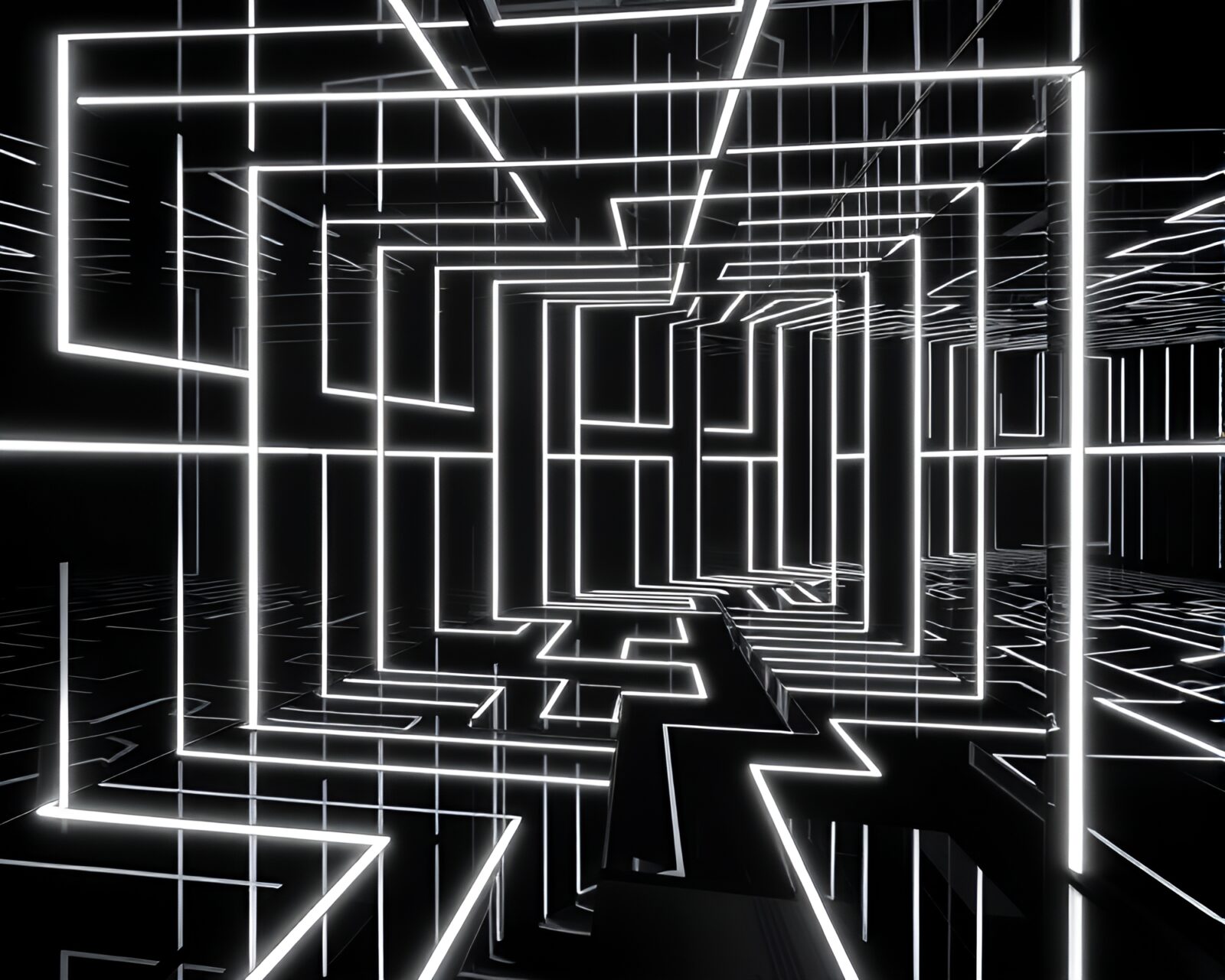 Futuristic wireframe structure in reflective maze with shadow play