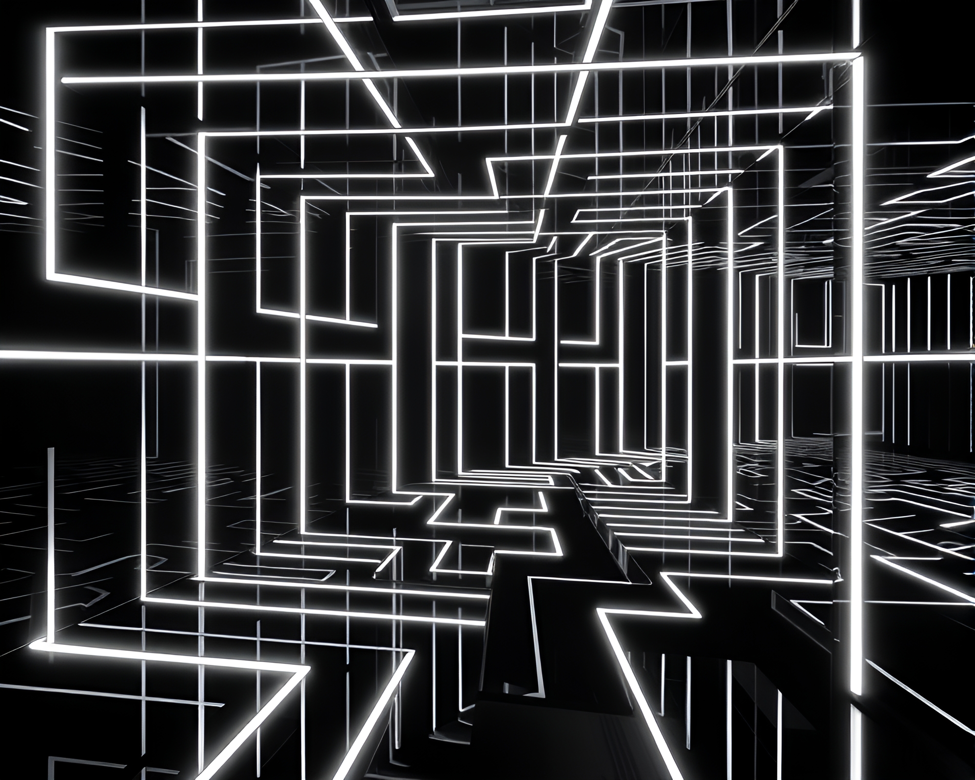 Neon Wireframe in Graphite Gray Mirror Maze – free AI stock image