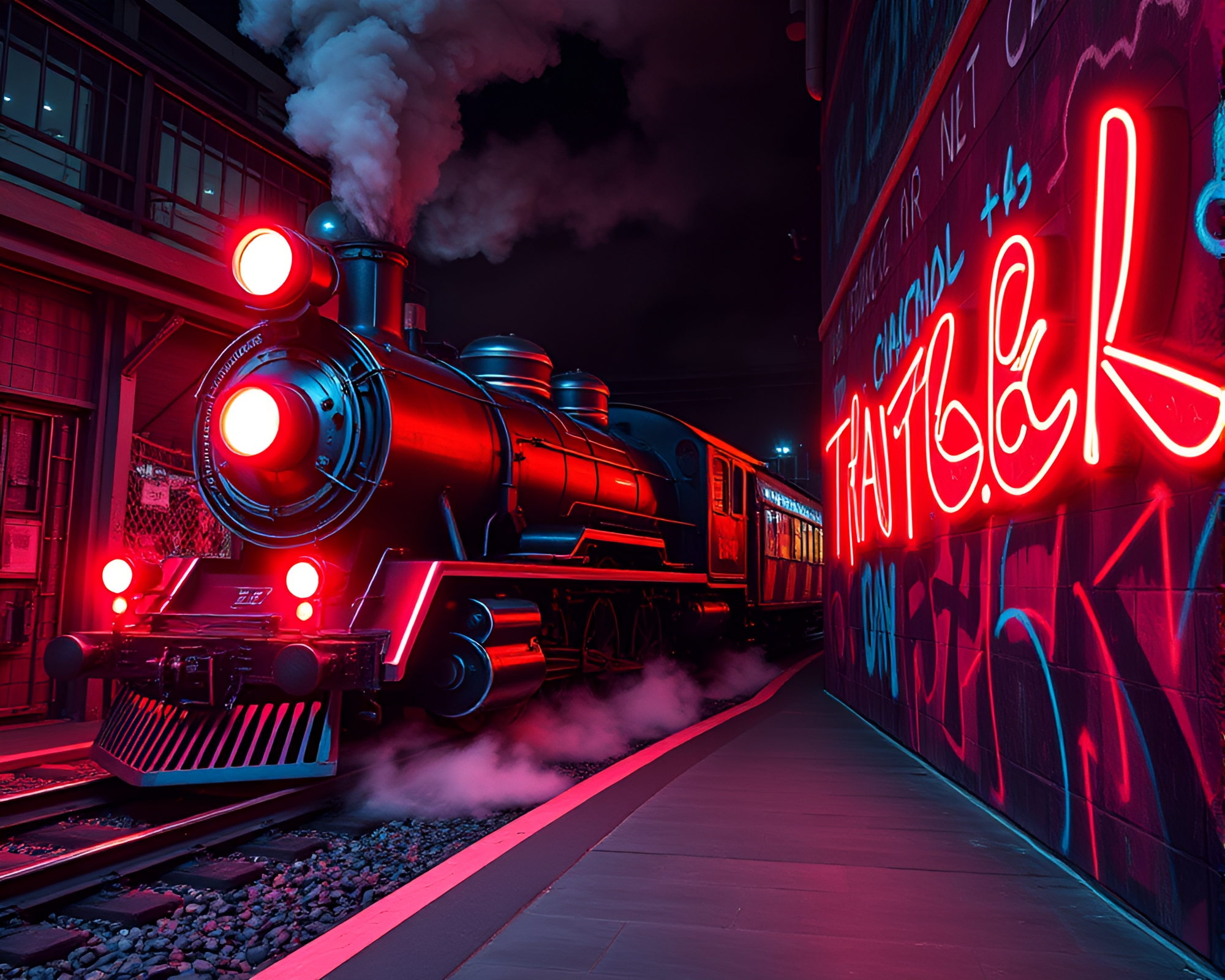 Steam locomotive bathed in neon cybernetic light – free AI stock image