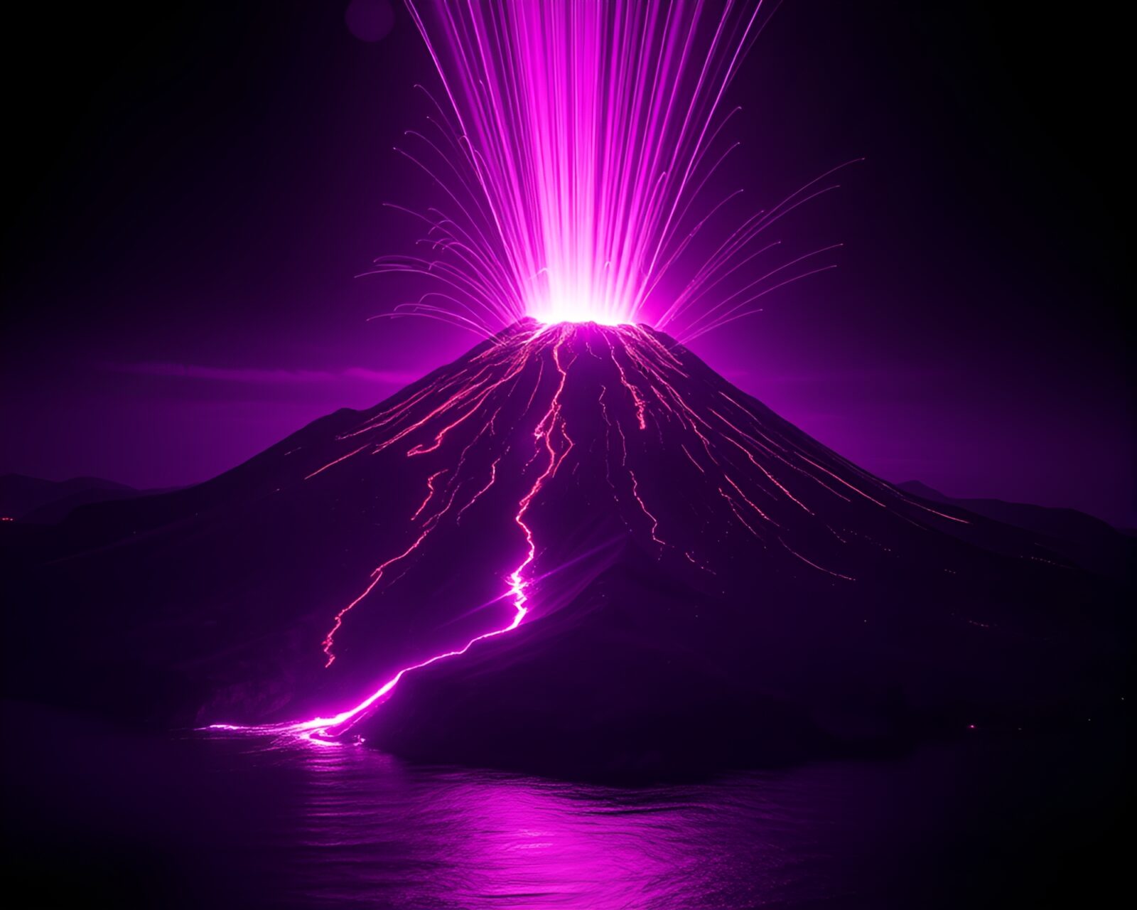 Ultraviolet glow on volcanic landscape with fiber optic strands