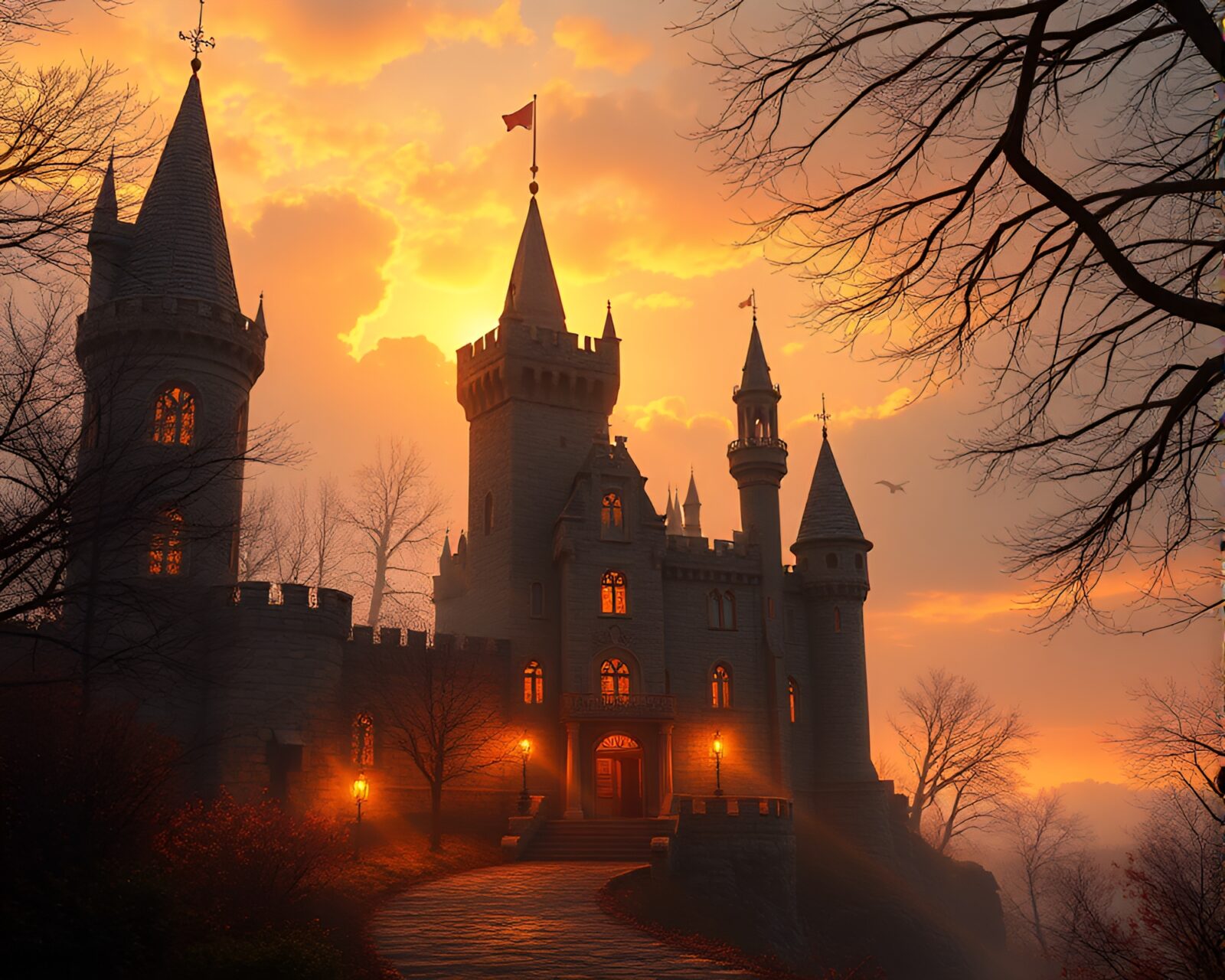 Warm glow of porchlight illuminating castle balcony at sunset